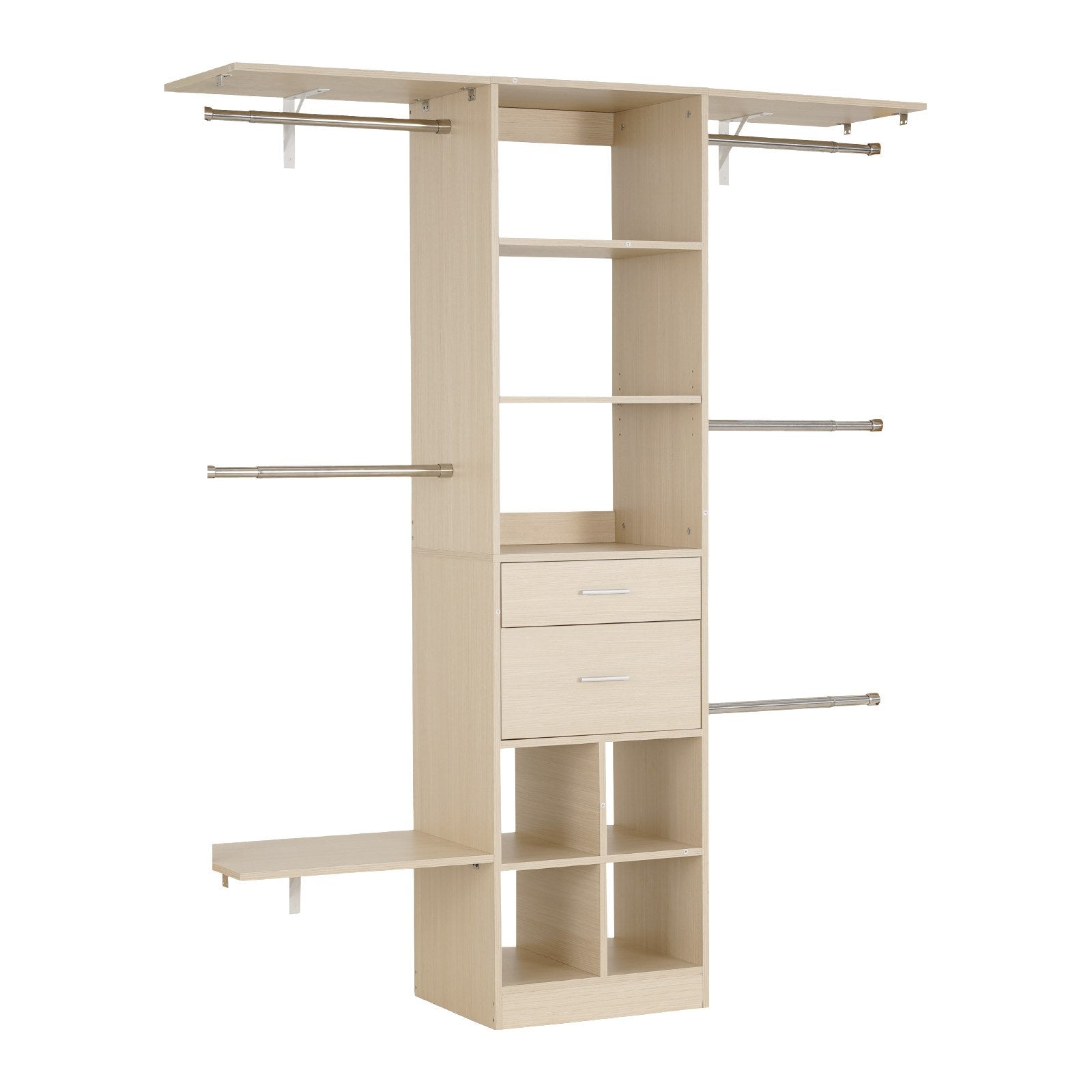 Freestanding Modern Grey Wardrobe Organizer with 2 Drawers, 5 Retractable Rods, Adjustable Height, and Walk-in Closet System