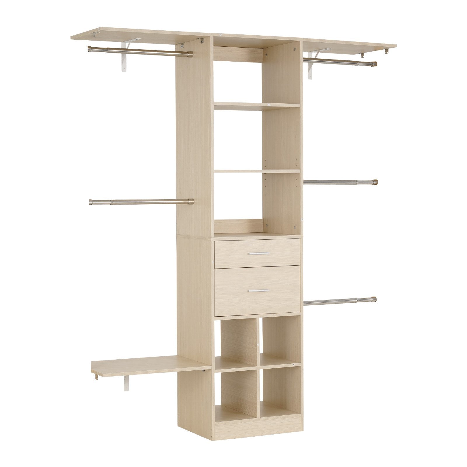 Freestanding Modern Grey Wardrobe Organizer with 2 Drawers, 5 Retractable Rods, Adjustable Height, and Walk-in Closet System