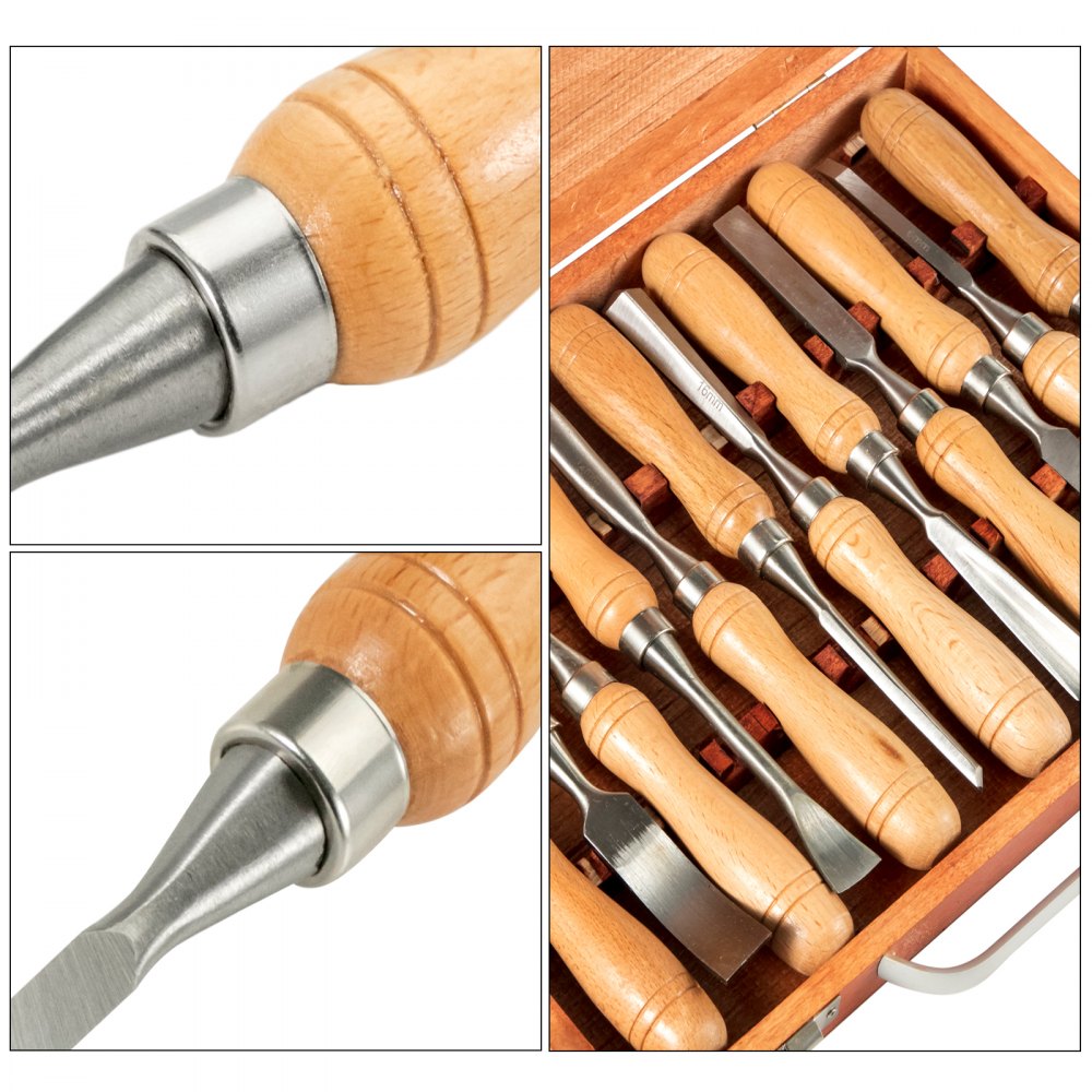 VEVOR Woodworking 12pcs Lathe Chisel，Wood Carving Hand Chisel 3-3/4Inch Blade Length, Wood Turning Tools with Wooden Storage Case, for Wood Carving Root Carving Furniture Carving Lathes