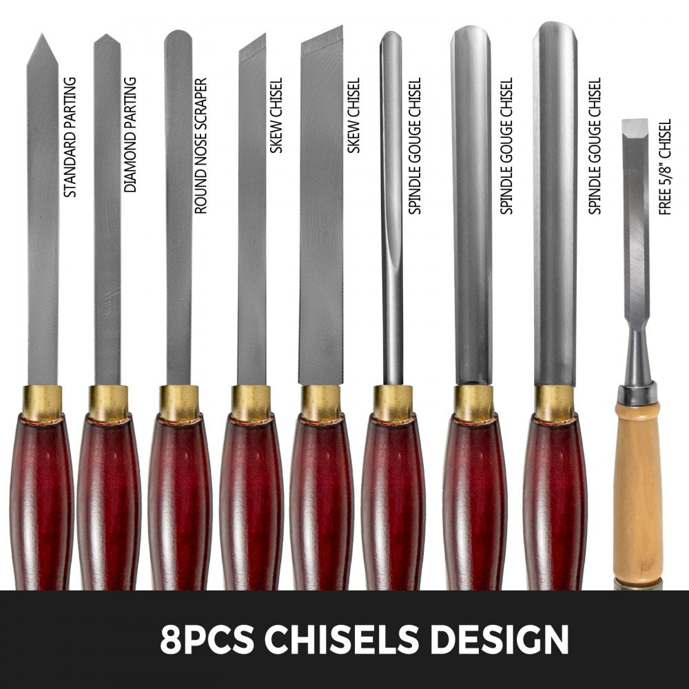 VEVOR Woodworking Lathe Chisel Set 8 Piece Set Lathe Chisel HSS Steel Blades Wood Turning Tools Wooden Case for Storage  for Wood Carving Root Carving Furniture Carving Lathes Red