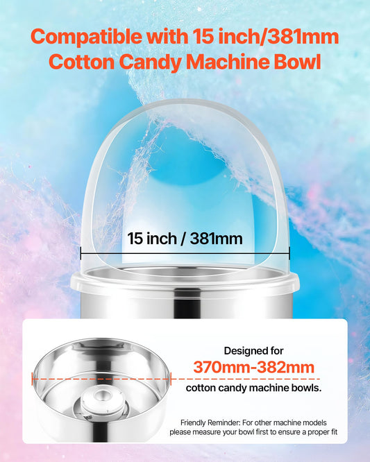 Transparent Acrylic Cotton Candy Machine Dome Shield - 15 Inch Cover with Bottom Groove for Parties, Shops, Easy Maintenance
