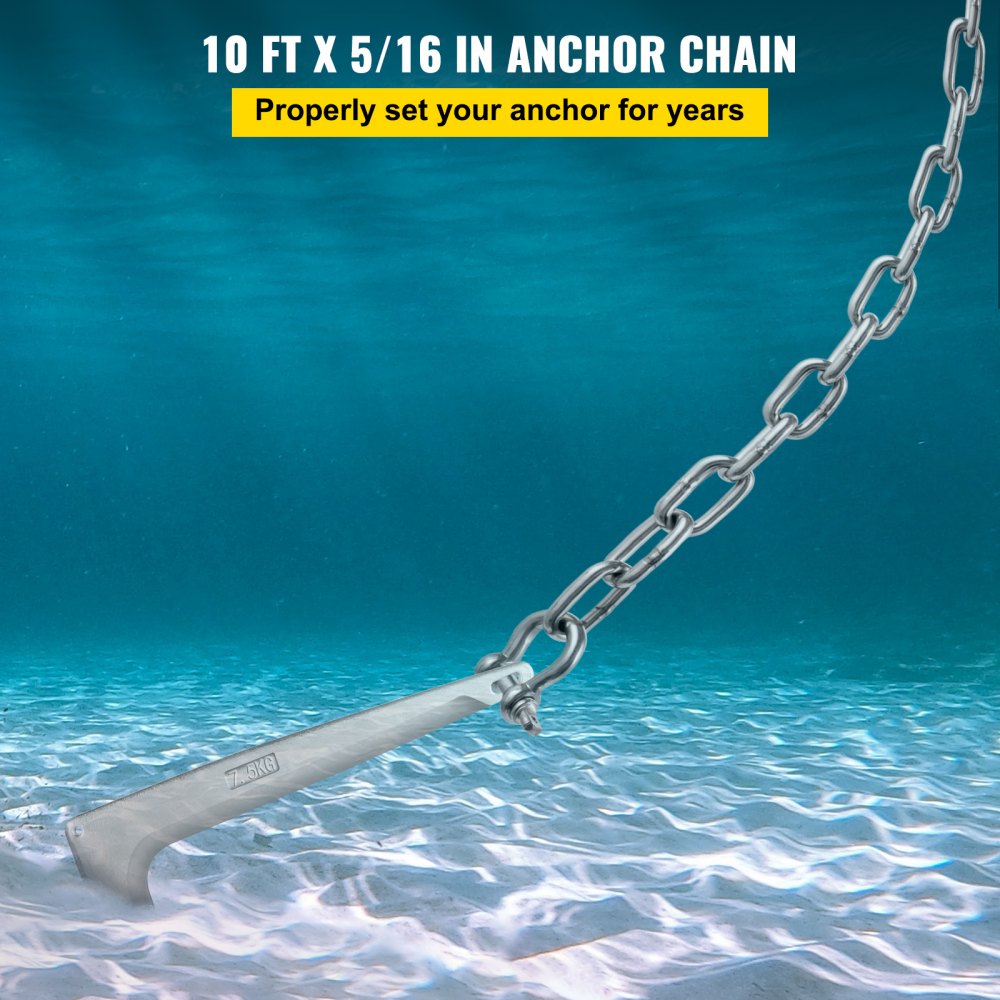 VEVOR Anchor Chain, 10 ft x 5/16 in Stainless Steel Chain, 3/8" Anchor Chain Shackle, 7120lbs Anchor Lead Chain Breaking Load, 9460lbs Anchor Chain Shackle Breaking Load, Anchor Chain for Boats