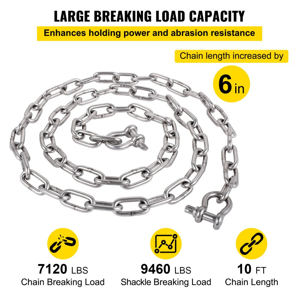 VEVOR Anchor Chain, 10 ft x 5/16 in Stainless Steel Chain, 3/8" Anchor Chain Shackle, 7120lbs Anchor Lead Chain Breaking Load, 9460lbs Anchor Chain Shackle Breaking Load, Anchor Chain for Boats