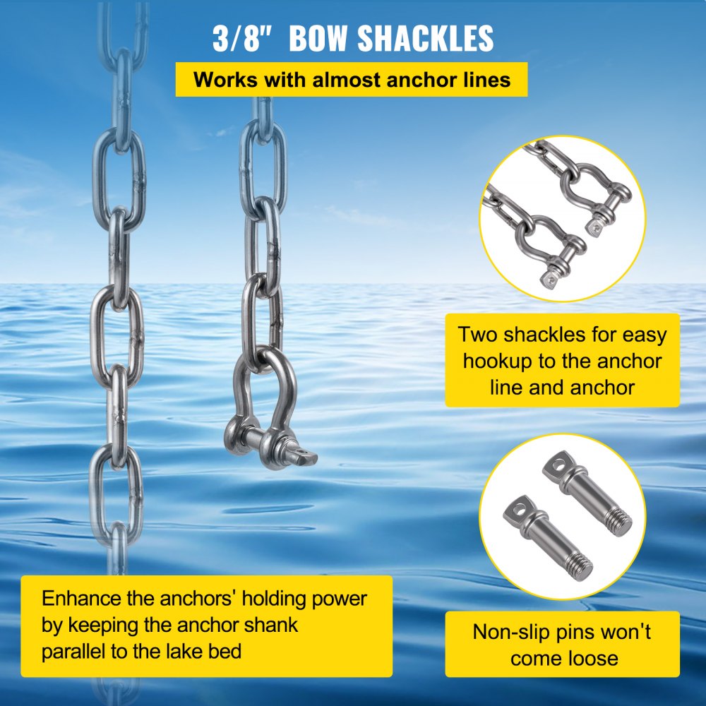 VEVOR Anchor Chain, 10 ft x 5/16 in Stainless Steel Chain, 3/8" Anchor Chain Shackle, 7120lbs Anchor Lead Chain Breaking Load, 9460lbs Anchor Chain Shackle Breaking Load, Anchor Chain for Boats