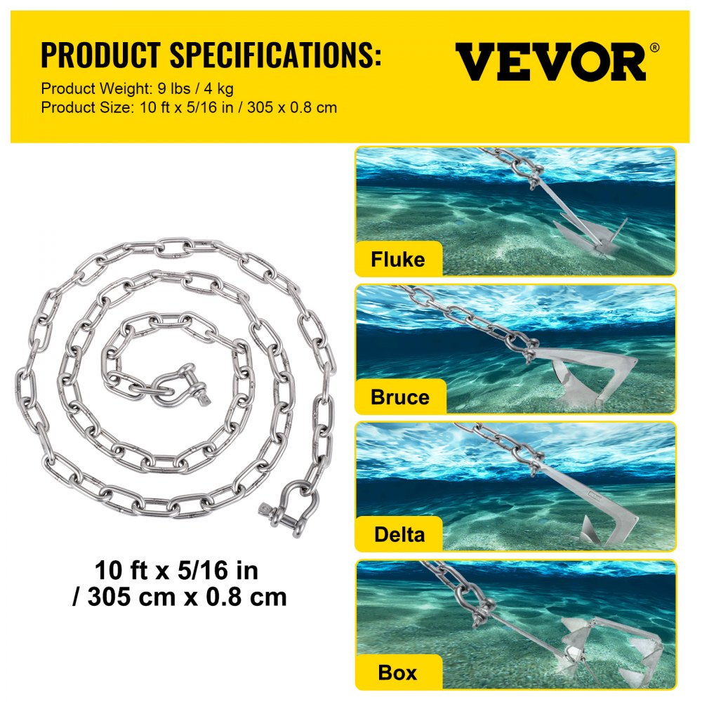 VEVOR Anchor Chain, 10 ft x 5/16 in Stainless Steel Chain, 3/8" Anchor Chain Shackle, 7120lbs Anchor Lead Chain Breaking Load, 9460lbs Anchor Chain Shackle Breaking Load, Anchor Chain for Boats