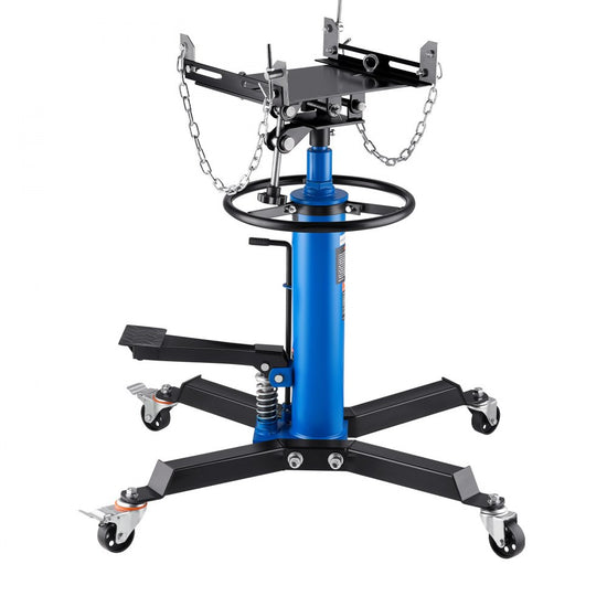Heavy-Duty Hydraulic Telescopic Transmission Jack with 1100 lbs Capacity, 2-Stage Floor Lift and 360° Swivel Wheels for Garage or Workshop Use in Blue