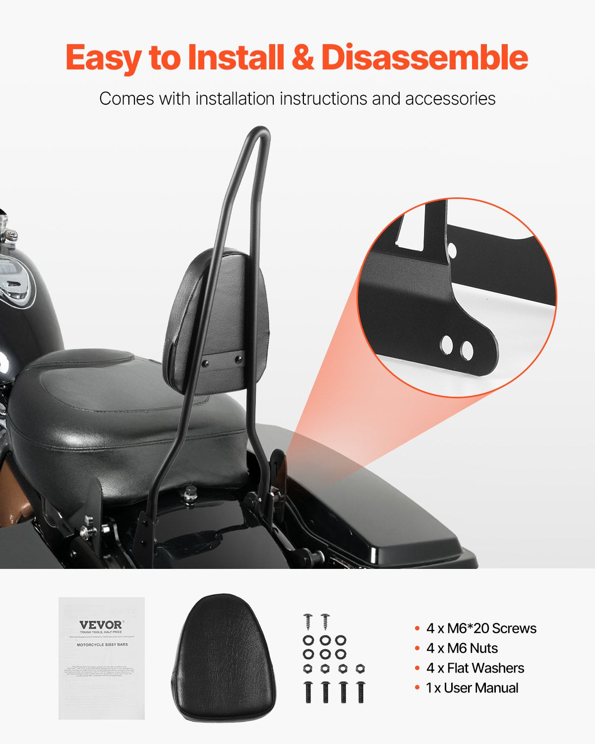 Detachable 29" Black Motorcycle Sissy Bar Backrest for Harley-Davidson Dyna, Street Glide, Road King - Comfort & Style for Long Rides