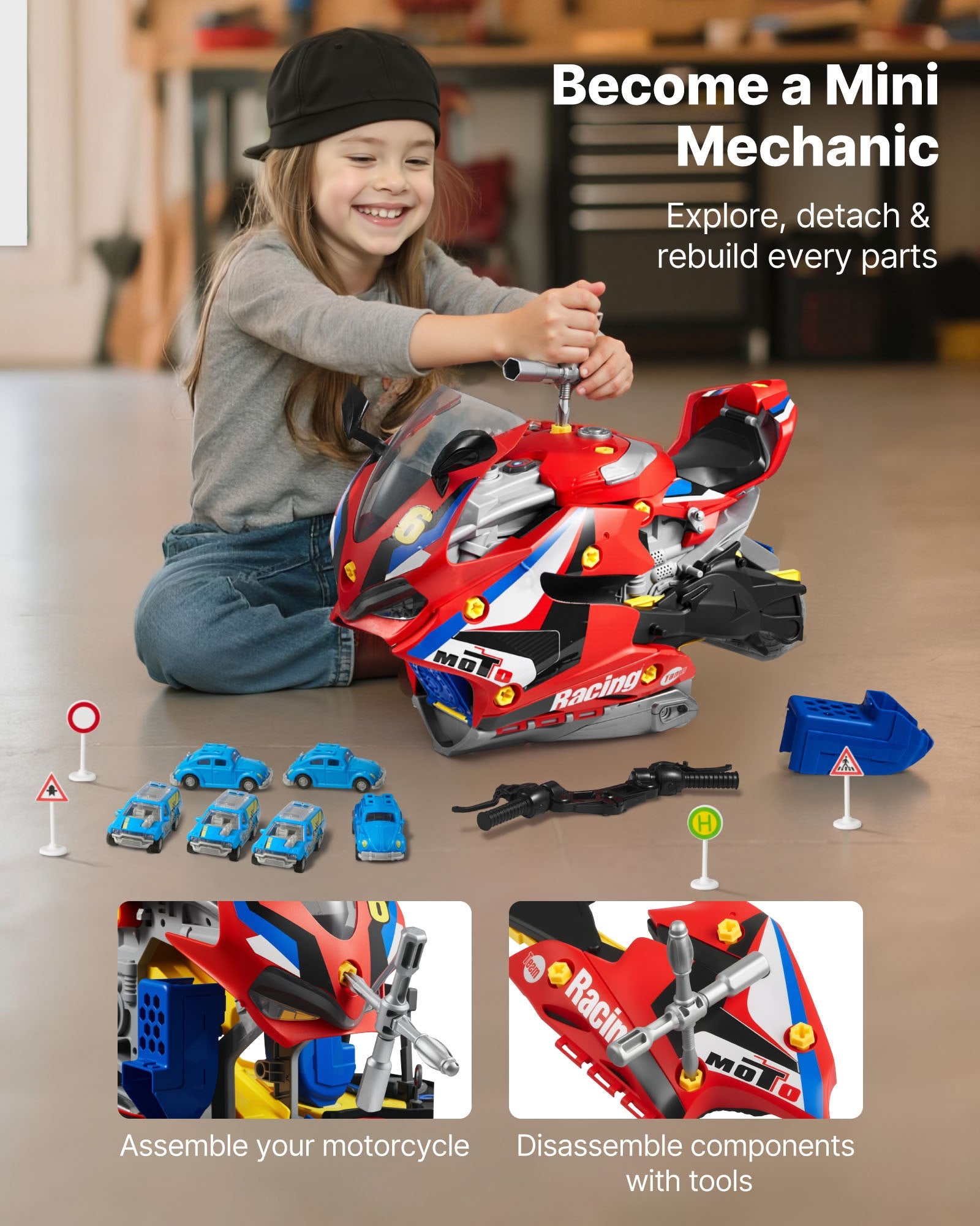25-Piece Motorcycle Engine Toy for Kids - Interactive Mechanic Workshop Set with Removable Parts, Lights, Sounds, Simulated Racing Fun, Ages 3+