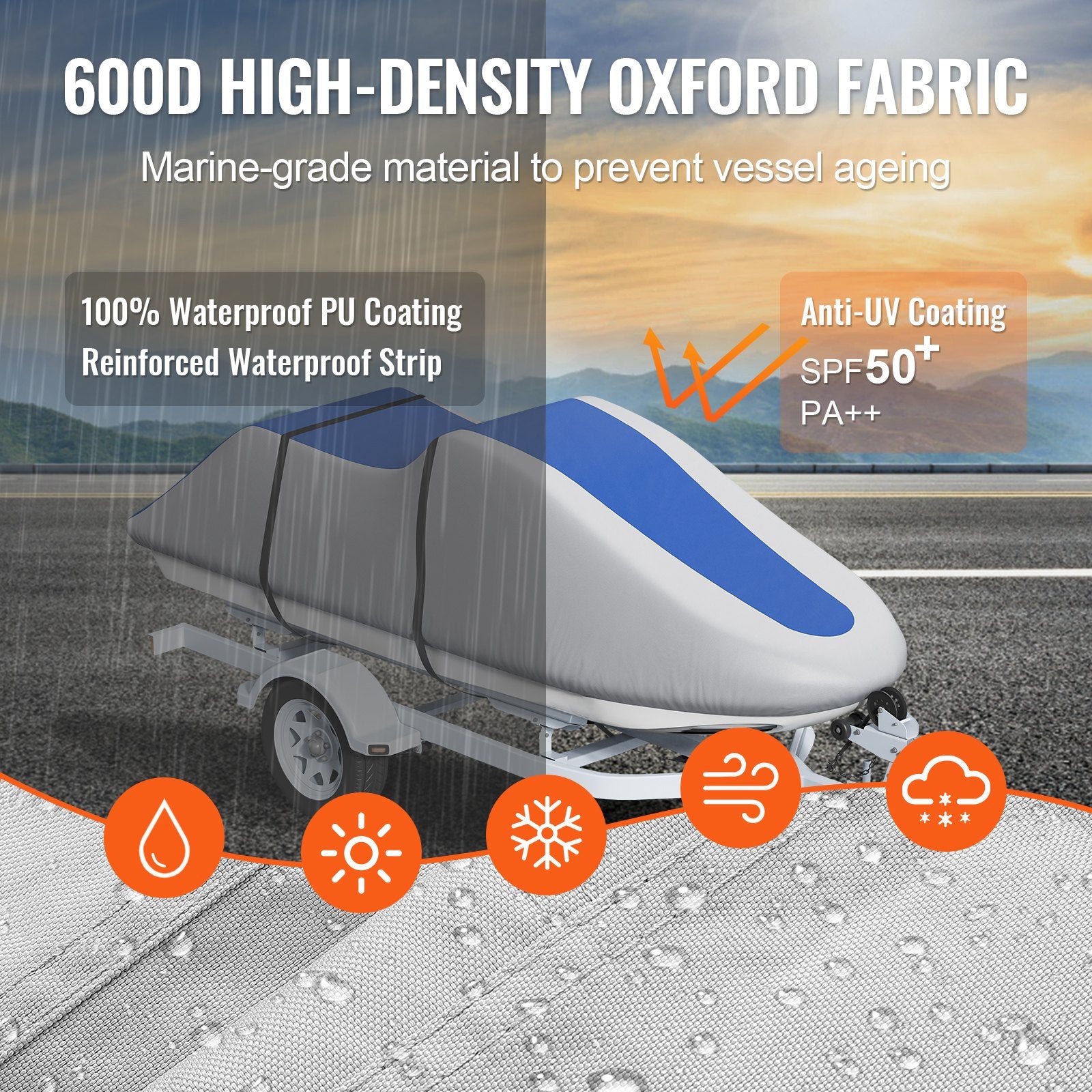 Durable Jet Ski Cover for 126"-135" PWC - Waterproof, UV Resistant, Heavy-Duty 600D Marine Grade Fabric with Buckle Straps, Grey+Blue