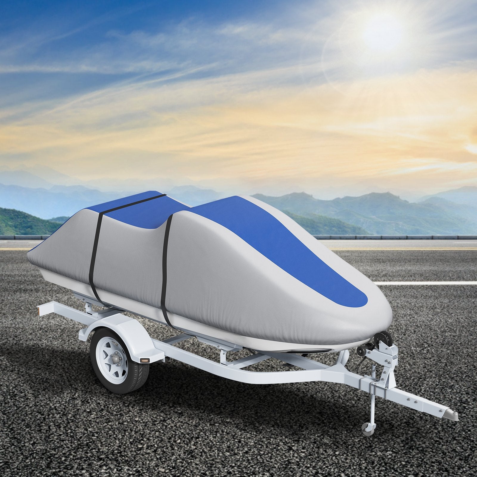 Durable Jet Ski Cover for 126"-135" PWC - Waterproof, UV Resistant, Heavy-Duty 600D Marine Grade Fabric with Buckle Straps, Grey+Blue