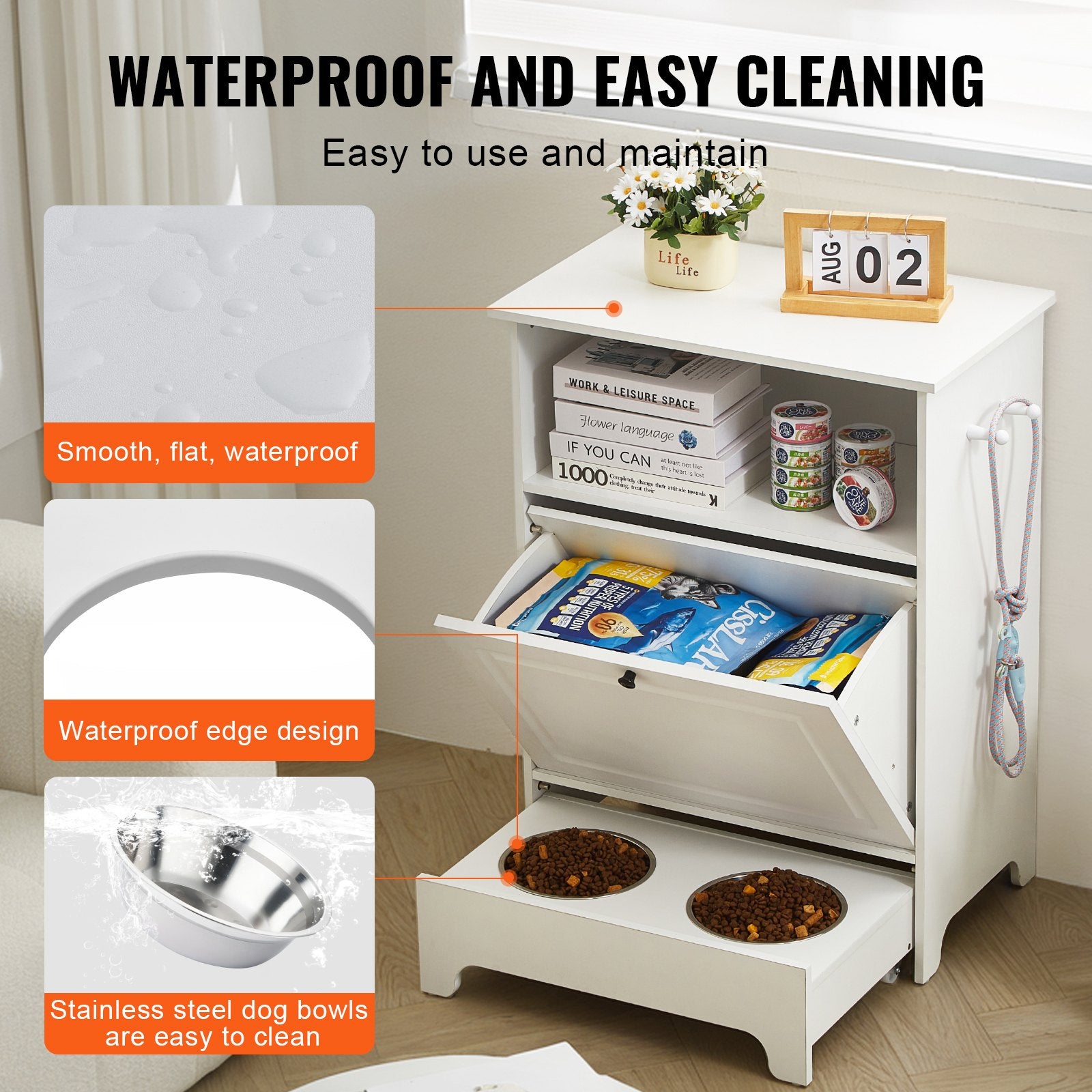 Elevated Pet Feeding Station with Dual Stainless Steel Bowls, Tilt-Out Storage Cabinet, and Toy Organizer for Small Dogs, Durable and Waterproof