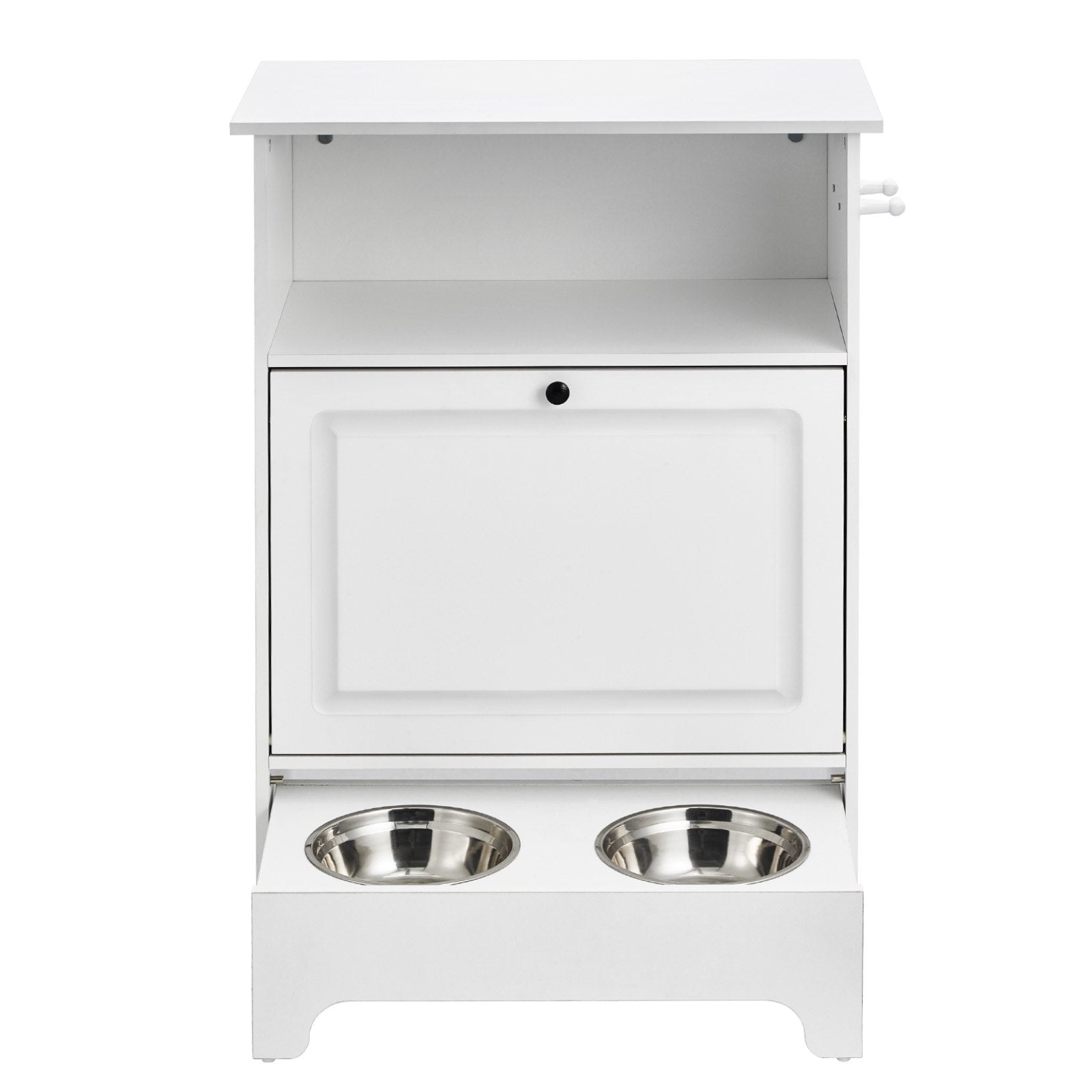 Elevated Pet Feeding Station with Dual Stainless Steel Bowls, Tilt-Out Storage Cabinet, and Toy Organizer for Small Dogs, Durable and Waterproof