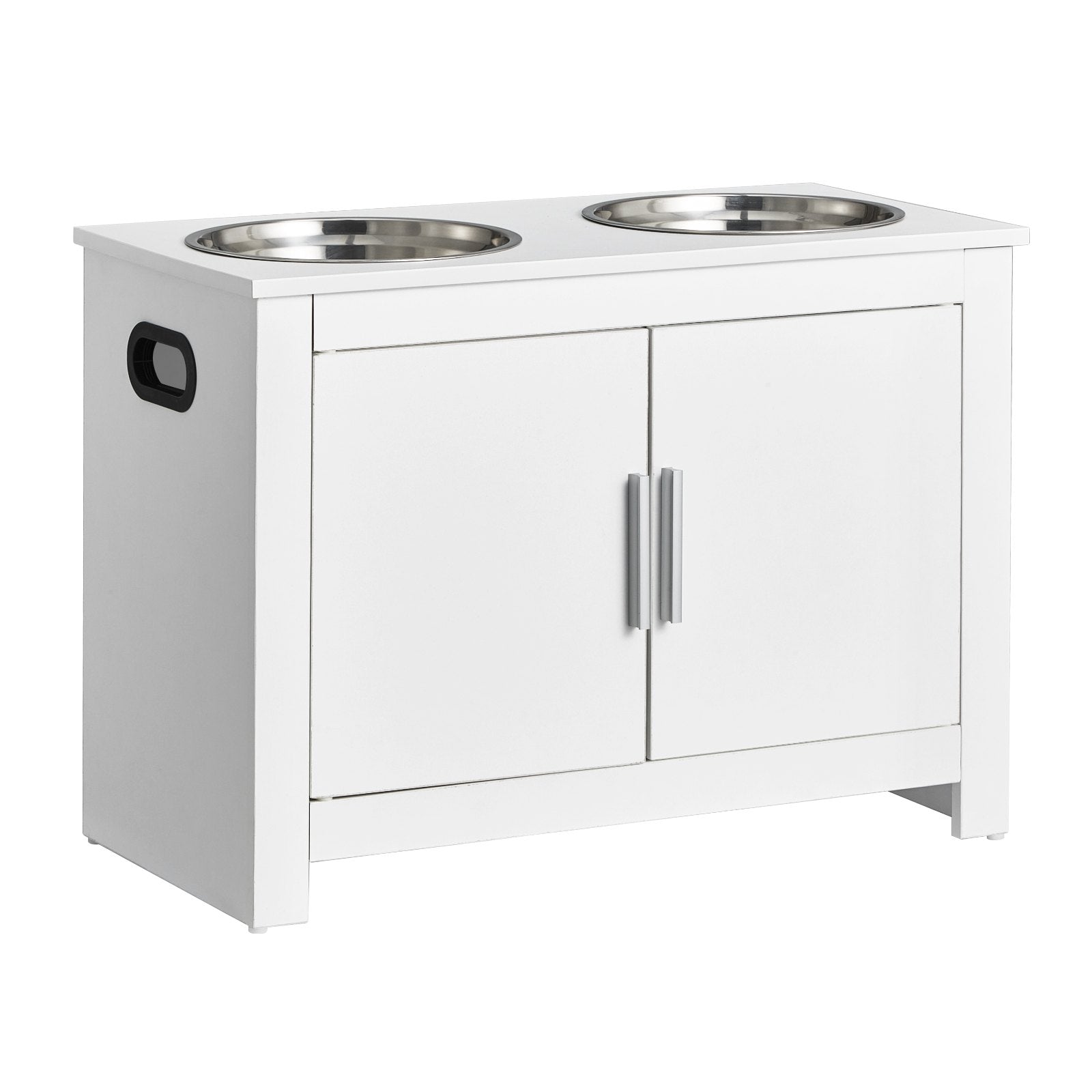 Modern Pet Feeding Station with Elevated Stainless Steel Bowls, Dog Food and Toy Storage Cabinet, Durable and Waterproof Organizer for Flexible Use