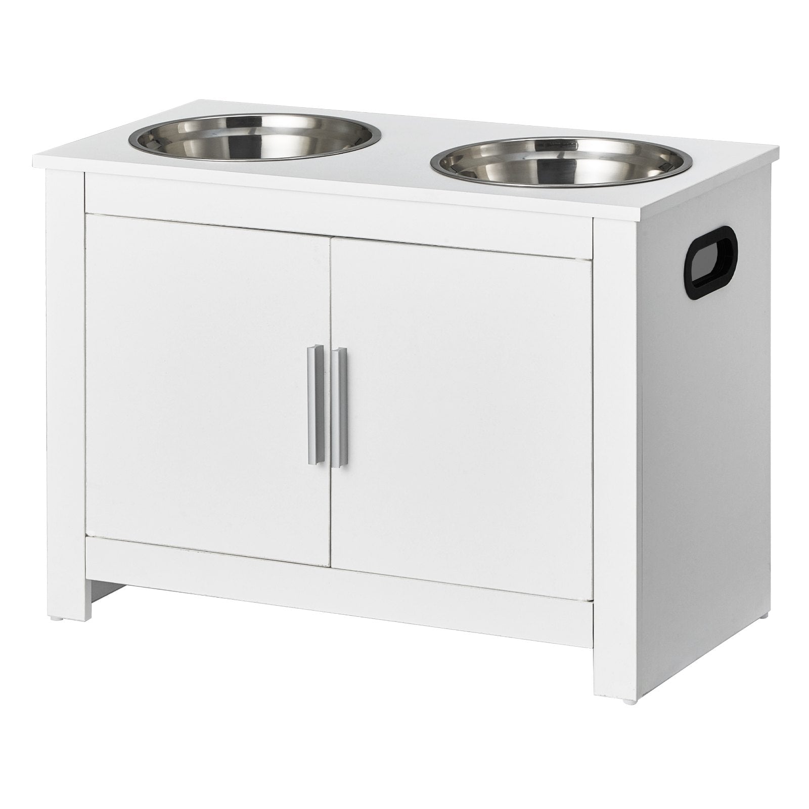 Modern Pet Feeding Station with Elevated Stainless Steel Bowls, Dog Food and Toy Storage Cabinet, Durable and Waterproof Organizer for Flexible Use