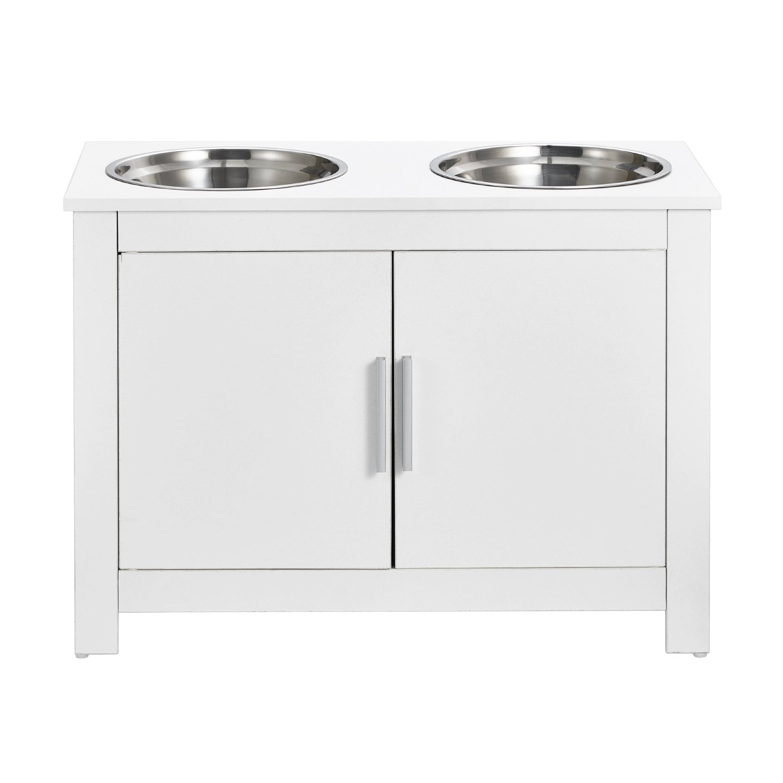 Modern Pet Feeding Station with Elevated Stainless Steel Bowls, Dog Food and Toy Storage Cabinet, Durable and Waterproof Organizer for Flexible Use