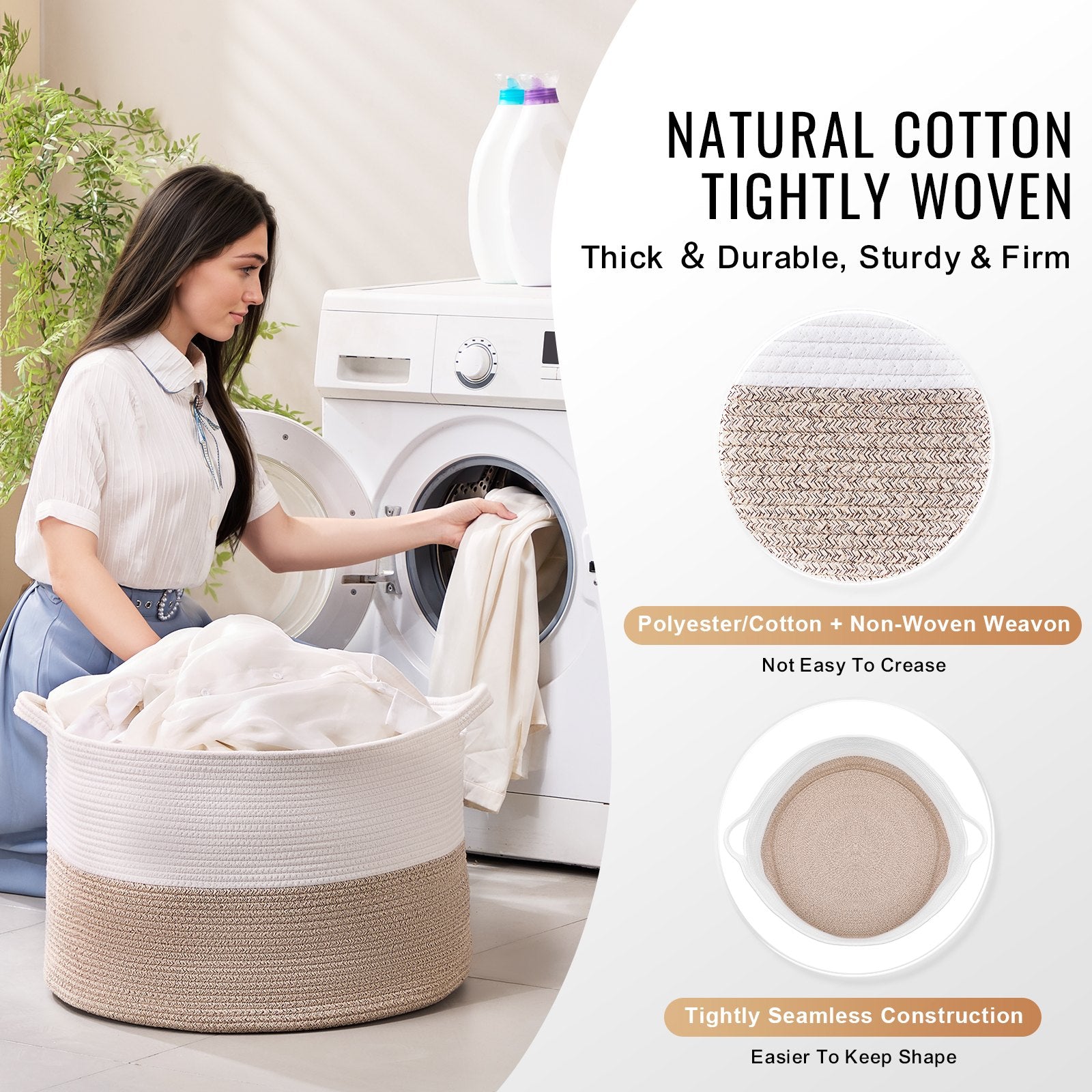 Extra Large 87L Cotton Rope Blanket Basket with Handles - Collapsible Woven Storage Bin for Laundry, Toys, Clothes & Pillows Organizer