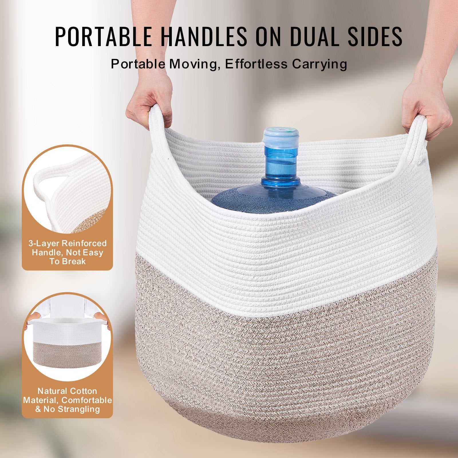 Extra Large 87L Cotton Rope Blanket Basket with Handles - Collapsible Woven Storage Bin for Laundry, Toys, Clothes & Pillows Organizer