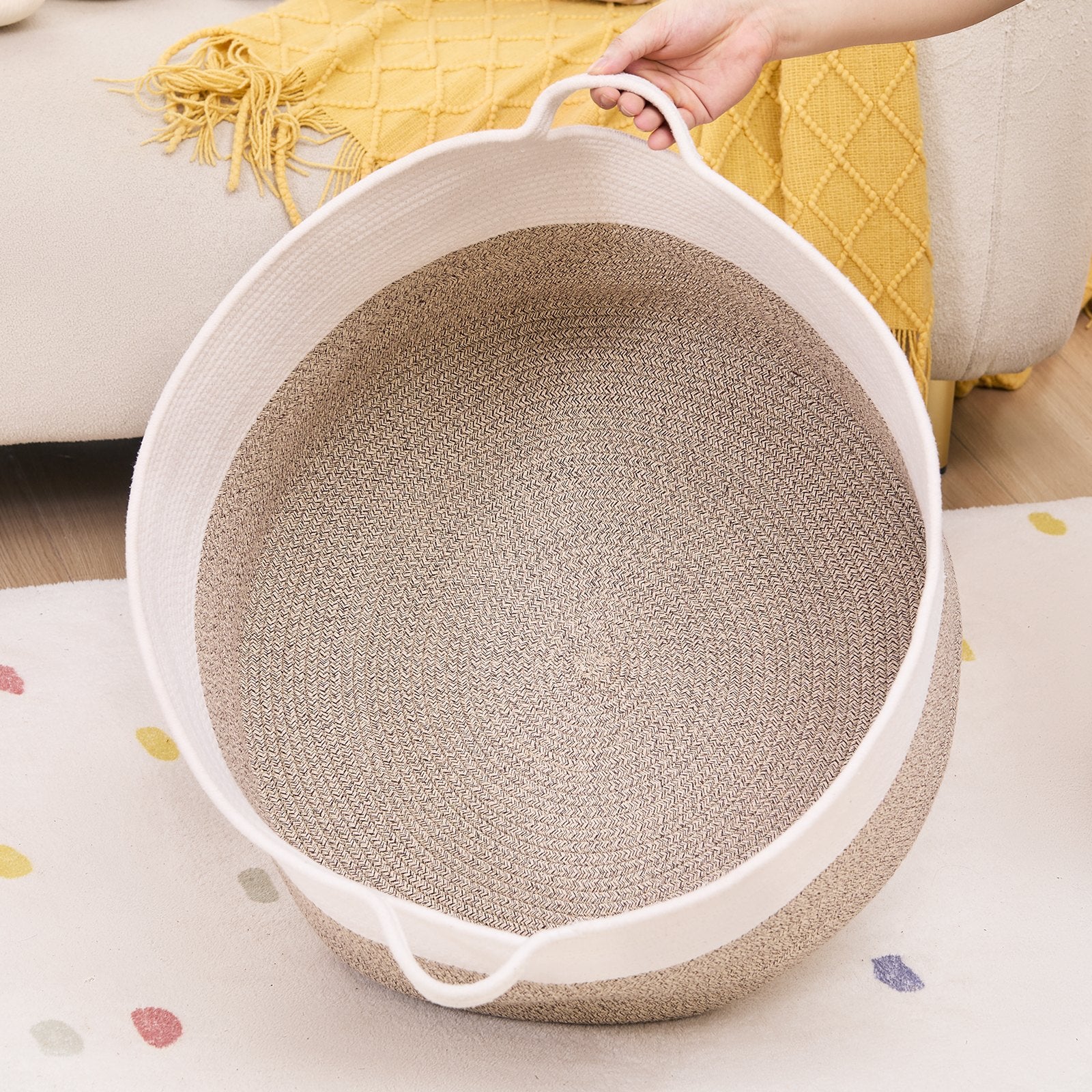 Extra Large 87L Cotton Rope Blanket Basket with Handles - Collapsible Woven Storage Bin for Laundry, Toys, Clothes & Pillows Organizer