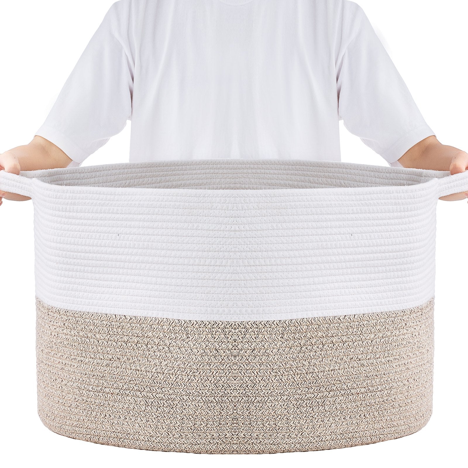 Extra Large 87L Cotton Rope Blanket Basket with Handles - Collapsible Woven Storage Bin for Laundry, Toys, Clothes & Pillows Organizer