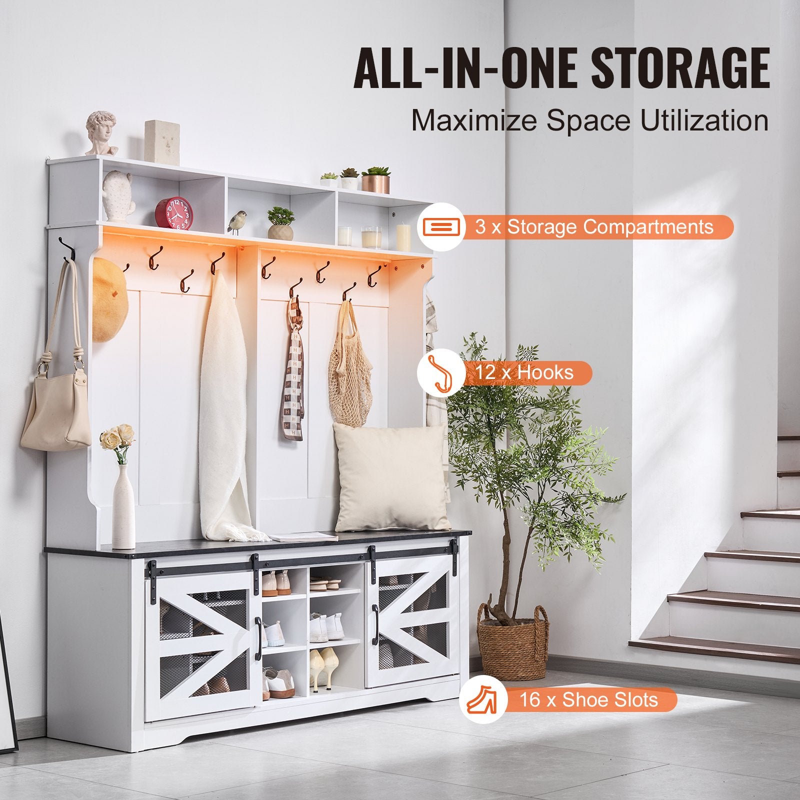 Spacious Hall Tree Entryway Bench with LED Coat Rack, 59" Wide Mudroom Seating, Adjustable Shelves, Shoe Storage, 12 Hooks, Easy Setup