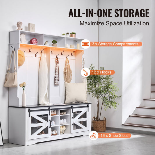 Spacious Hall Tree Entryway Bench with LED Coat Rack, 59" Wide Mudroom Seating, Adjustable Shelves, Shoe Storage, 12 Hooks, Easy Setup