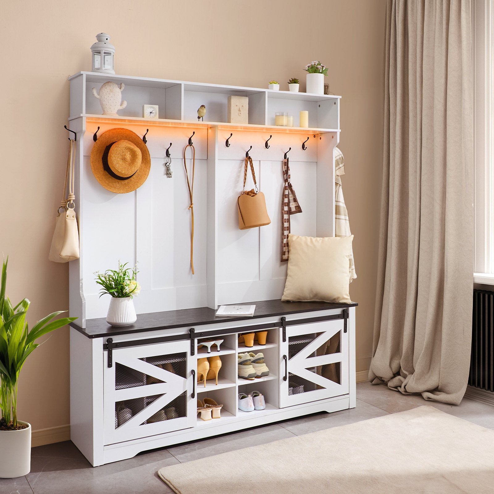 Spacious Hall Tree Entryway Bench with LED Coat Rack, 59" Wide Mudroom Seating, Adjustable Shelves, Shoe Storage, 12 Hooks, Easy Setup