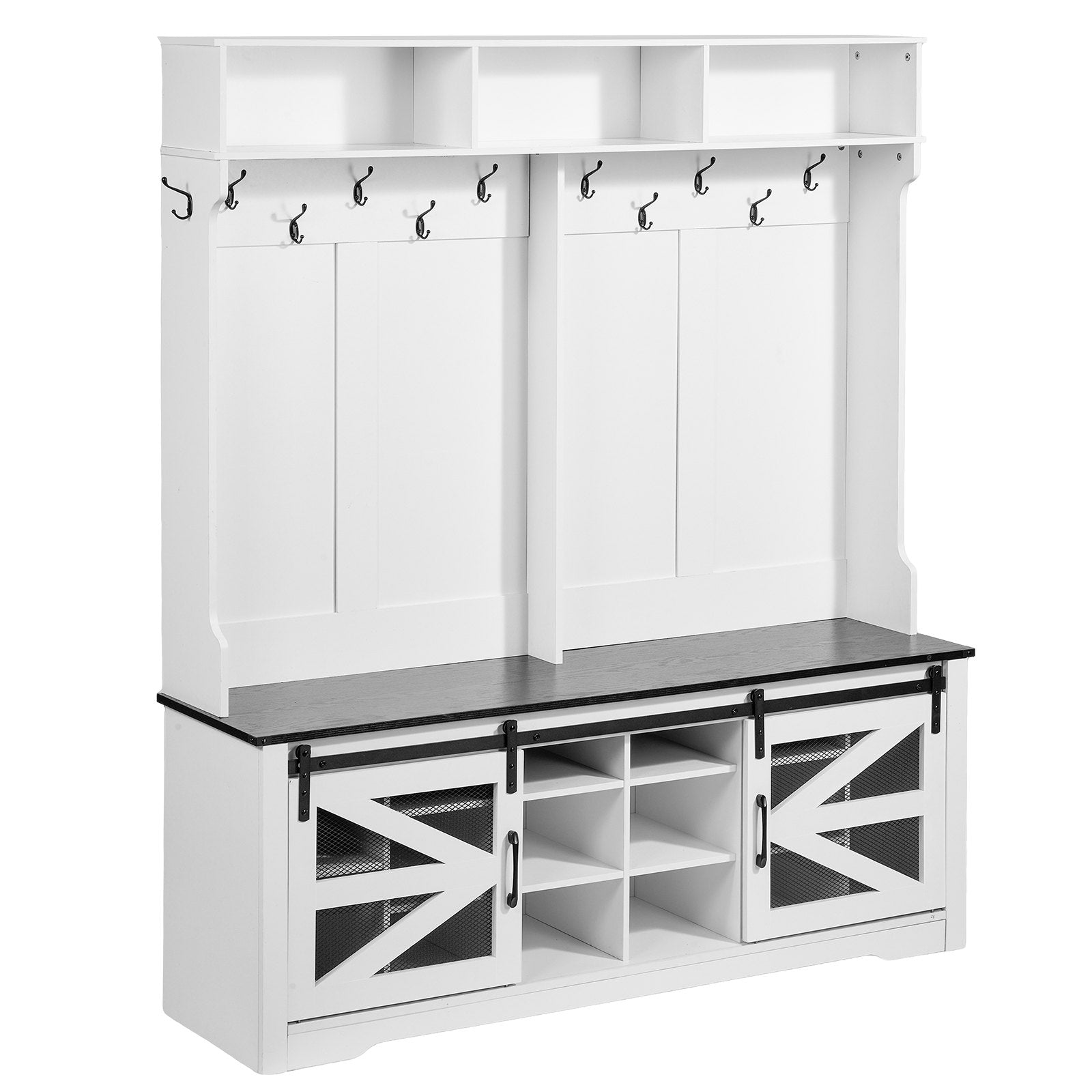 Spacious Hall Tree Entryway Bench with LED Coat Rack, 59" Wide Mudroom Seating, Adjustable Shelves, Shoe Storage, 12 Hooks, Easy Setup