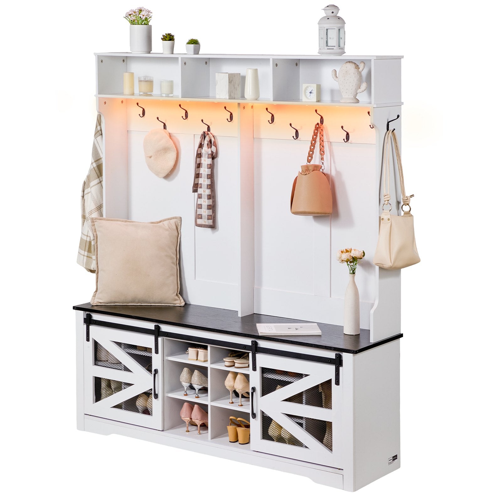 Spacious Hall Tree Entryway Bench with LED Coat Rack, 59" Wide Mudroom Seating, Adjustable Shelves, Shoe Storage, 12 Hooks, Easy Setup