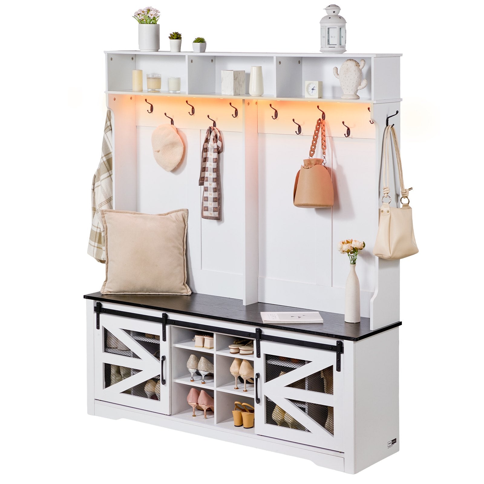 Spacious Hall Tree Entryway Bench with LED Coat Rack, 59" Wide Mudroom Seating, Adjustable Shelves, Shoe Storage, 12 Hooks, Easy Setup