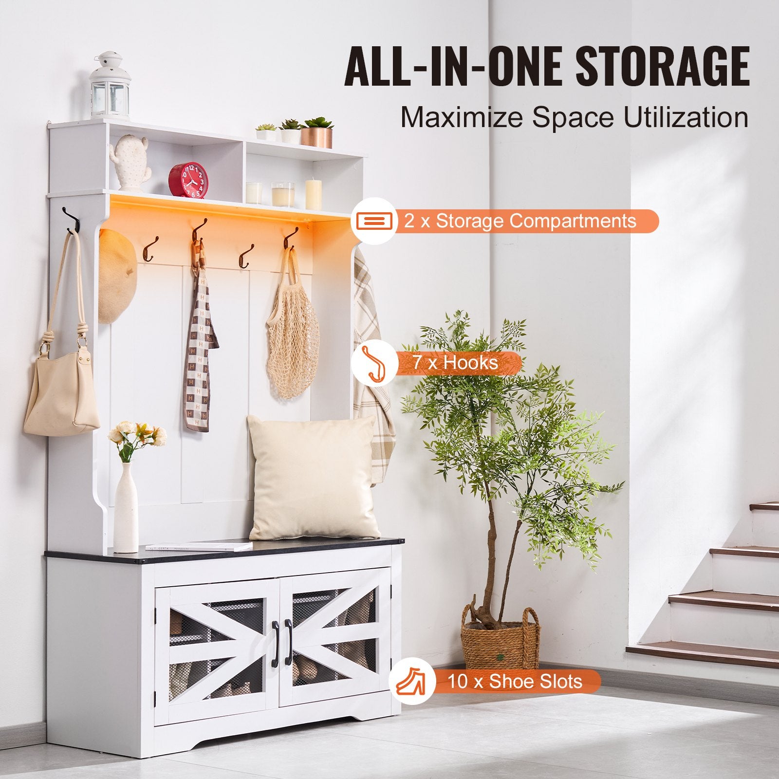 LED Hall Tree Bench with Adjustable Shelves, 7 Hooks, and Shoe Storage - Stylish and Durable Entryway Solution for Mudroom or Hallway