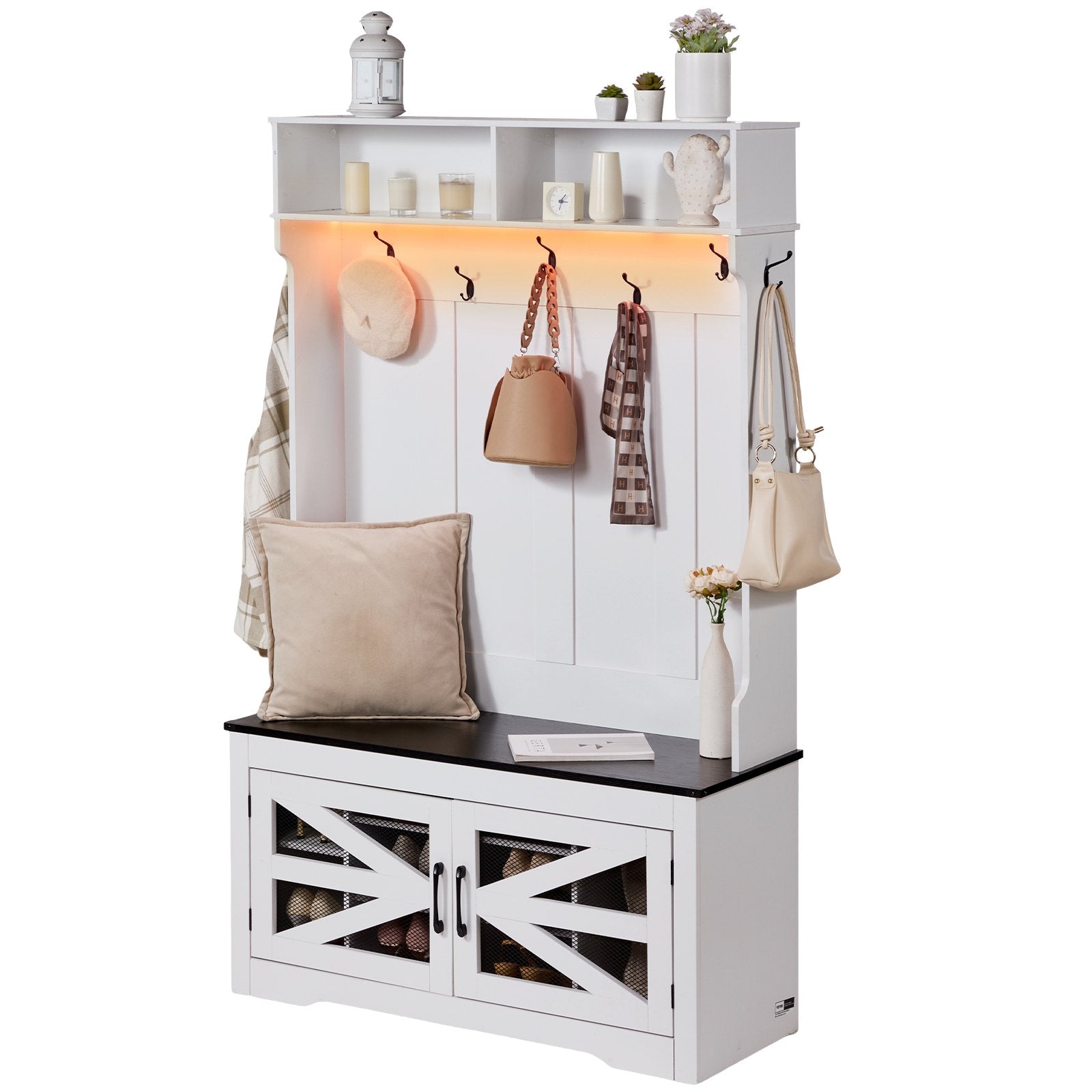 LED Hall Tree Bench with Adjustable Shelves, 7 Hooks, and Shoe Storage - Stylish and Durable Entryway Solution for Mudroom or Hallway