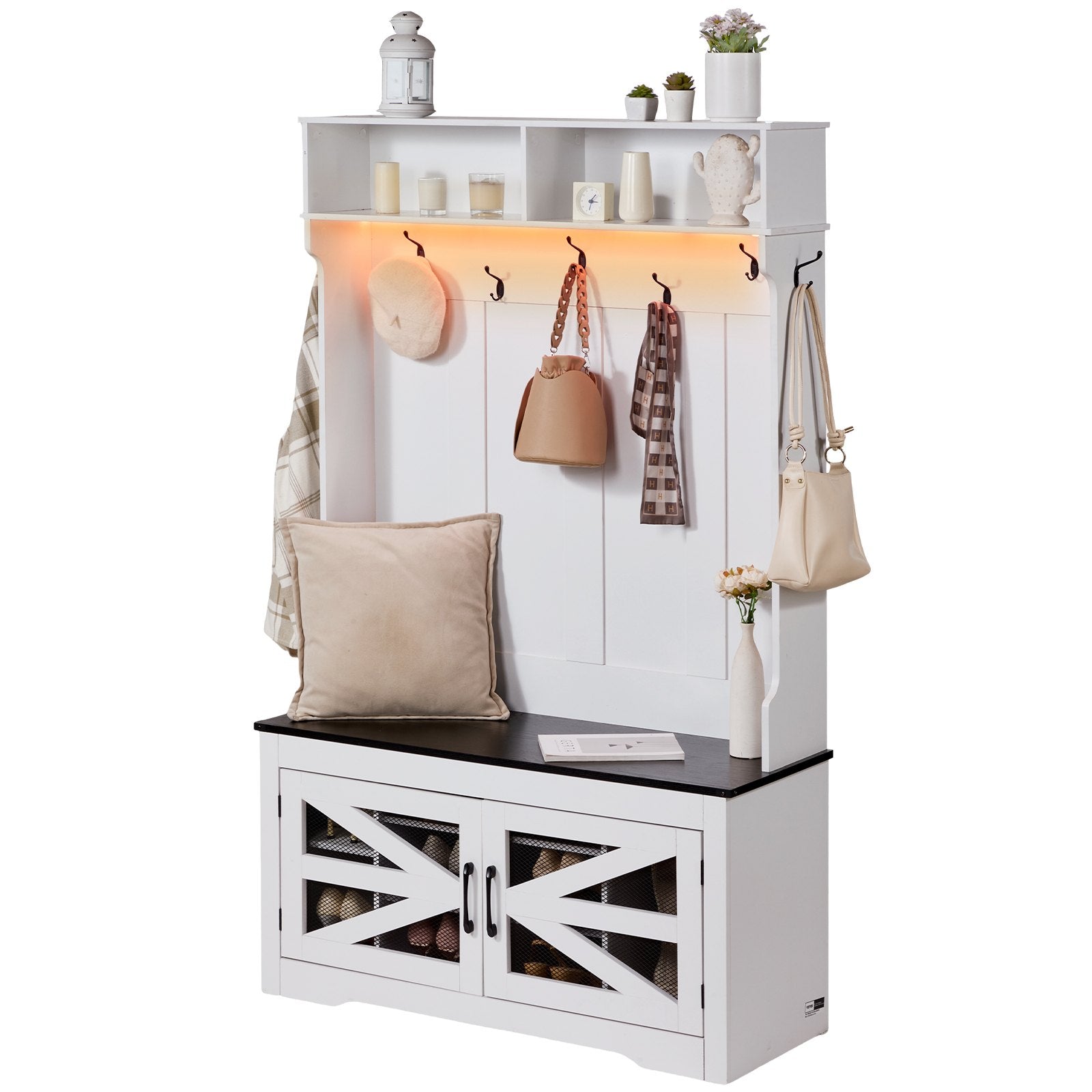 LED Hall Tree Bench with Adjustable Shelves, 7 Hooks, and Shoe Storage - Stylish and Durable Entryway Solution for Mudroom or Hallway