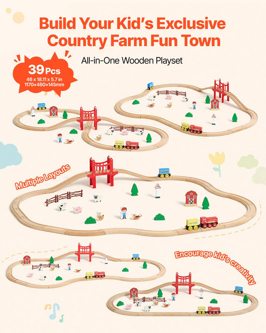 Magnetic Wooden Train Set - 39PCS Beech Wood Tracks & Accessories | Compatible with Thomas & Brio | Perfect Gift for Kids 3-8, Christmas Birthday Fun