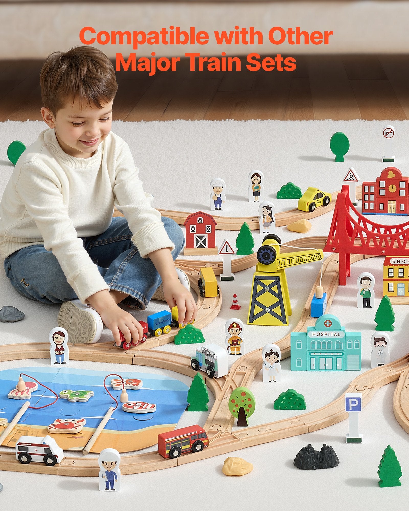 Magnetic Wooden Train Set - 39PCS Beech Wood Tracks & Accessories | Compatible with Thomas & Brio | Perfect Gift for Kids 3-8, Christmas Birthday Fun