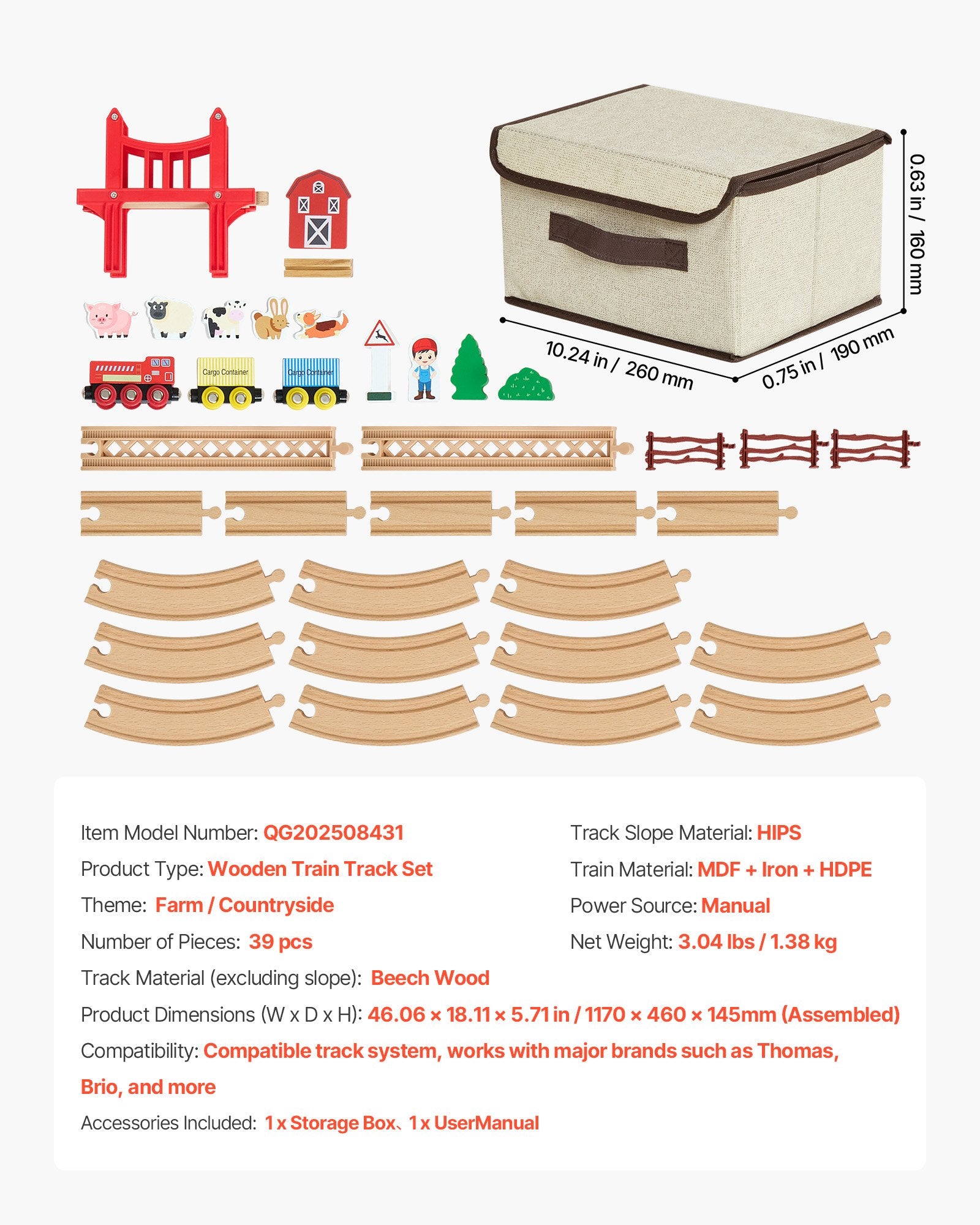 Magnetic Wooden Train Set - 39PCS Beech Wood Tracks & Accessories | Compatible with Thomas & Brio | Perfect Gift for Kids 3-8, Christmas Birthday Fun