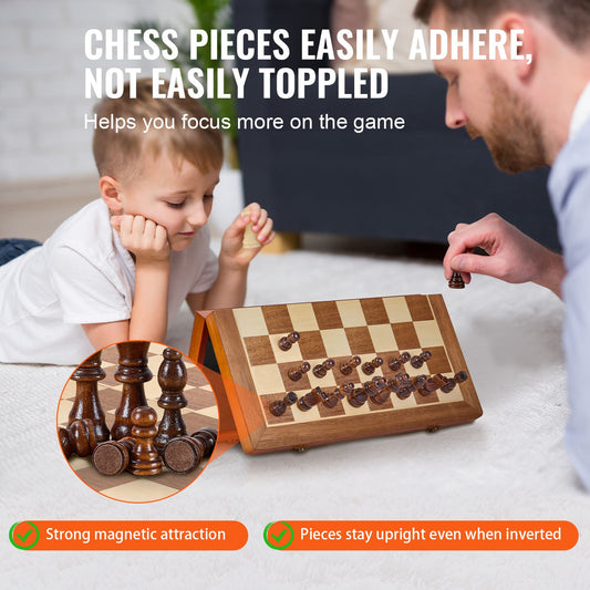 15" Magnetic Wooden Chess & Checkers Set, Folding Travel Board Game with Extra Queens - Perfect Gift for Adults, Kids, Beginners, and Tournaments