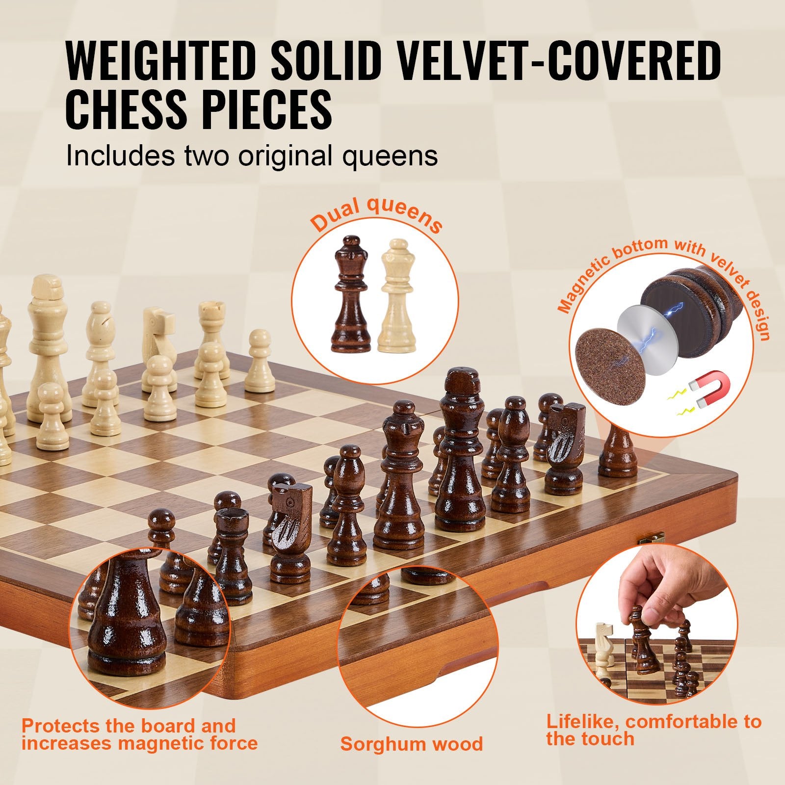 15" Magnetic Wooden Chess & Checkers Set, Folding Travel Board Game with Extra Queens - Perfect Gift for Adults, Kids, Beginners, and Tournaments