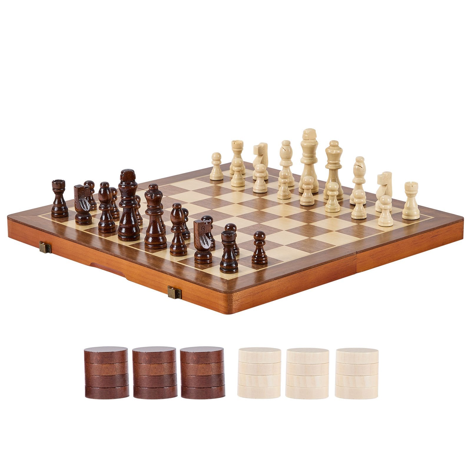 15" Magnetic Wooden Chess & Checkers Set, Folding Travel Board Game with Extra Queens - Perfect Gift for Adults, Kids, Beginners, and Tournaments