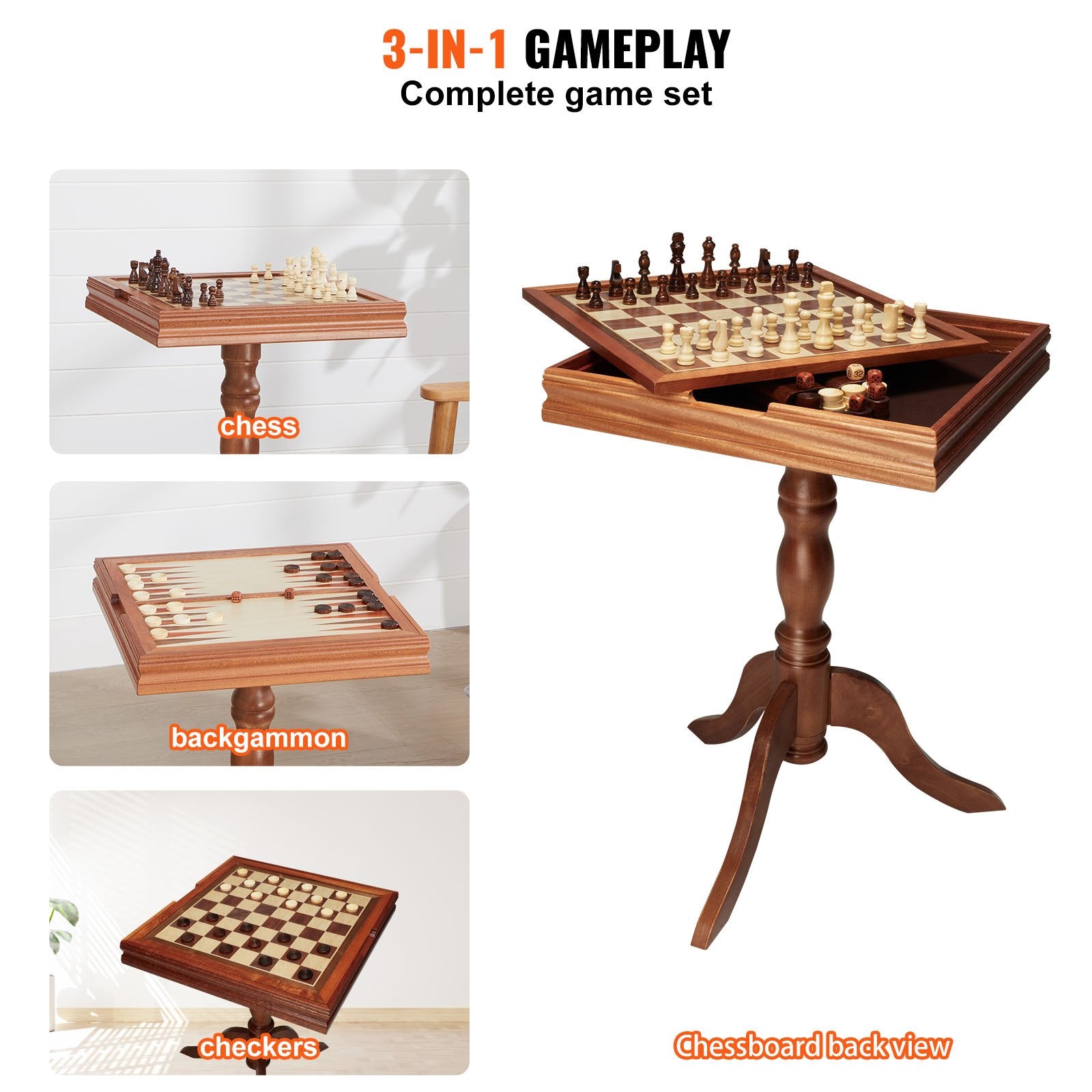 18" Premium 3-in-1 Wooden Game Table Set: Chess, Checkers, Backgammon - Deluxe Family Board Game Furniture, Gift & Collectible
