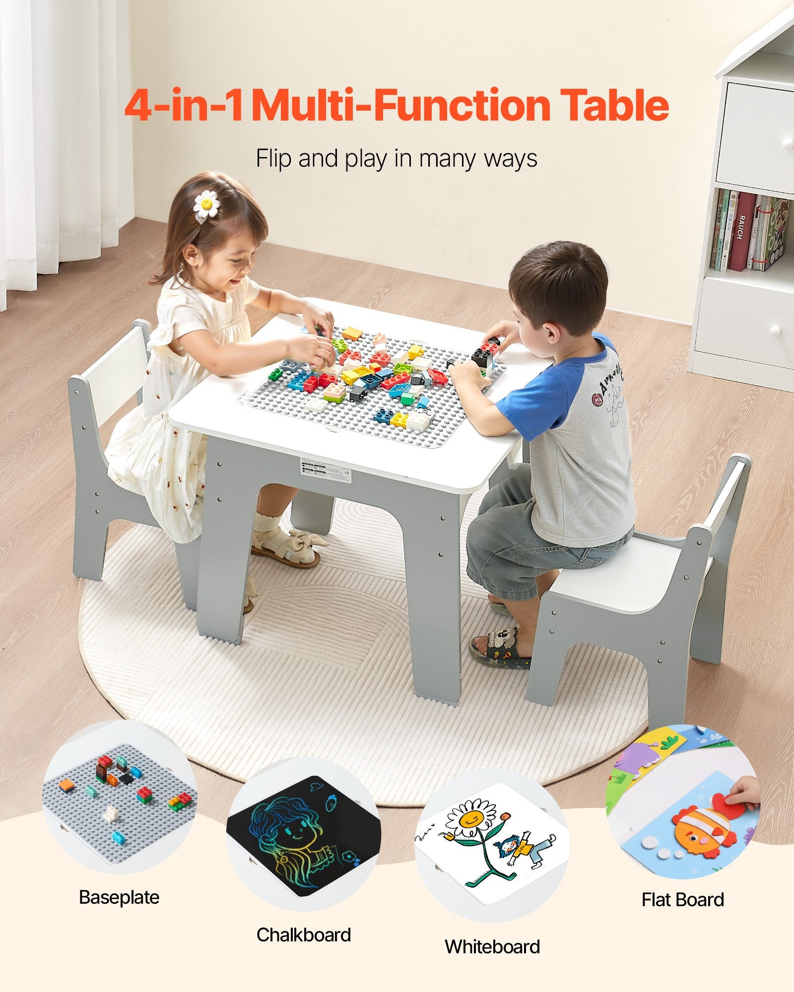 4-in-1 Kids Activity Table & Chairs Set with Double-Sided Graffiti & Building Block Tabletop, Large Storage, Ideal Gift for Boys & Girls 3+