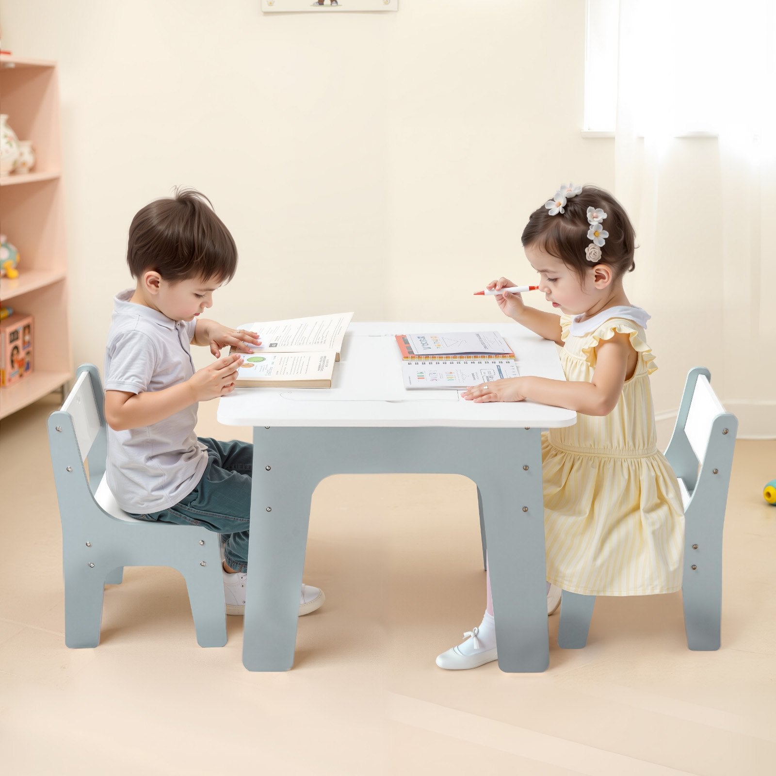 4-in-1 Kids Activity Table & Chairs Set with Double-Sided Graffiti & Building Block Tabletop, Large Storage, Ideal Gift for Boys & Girls 3+