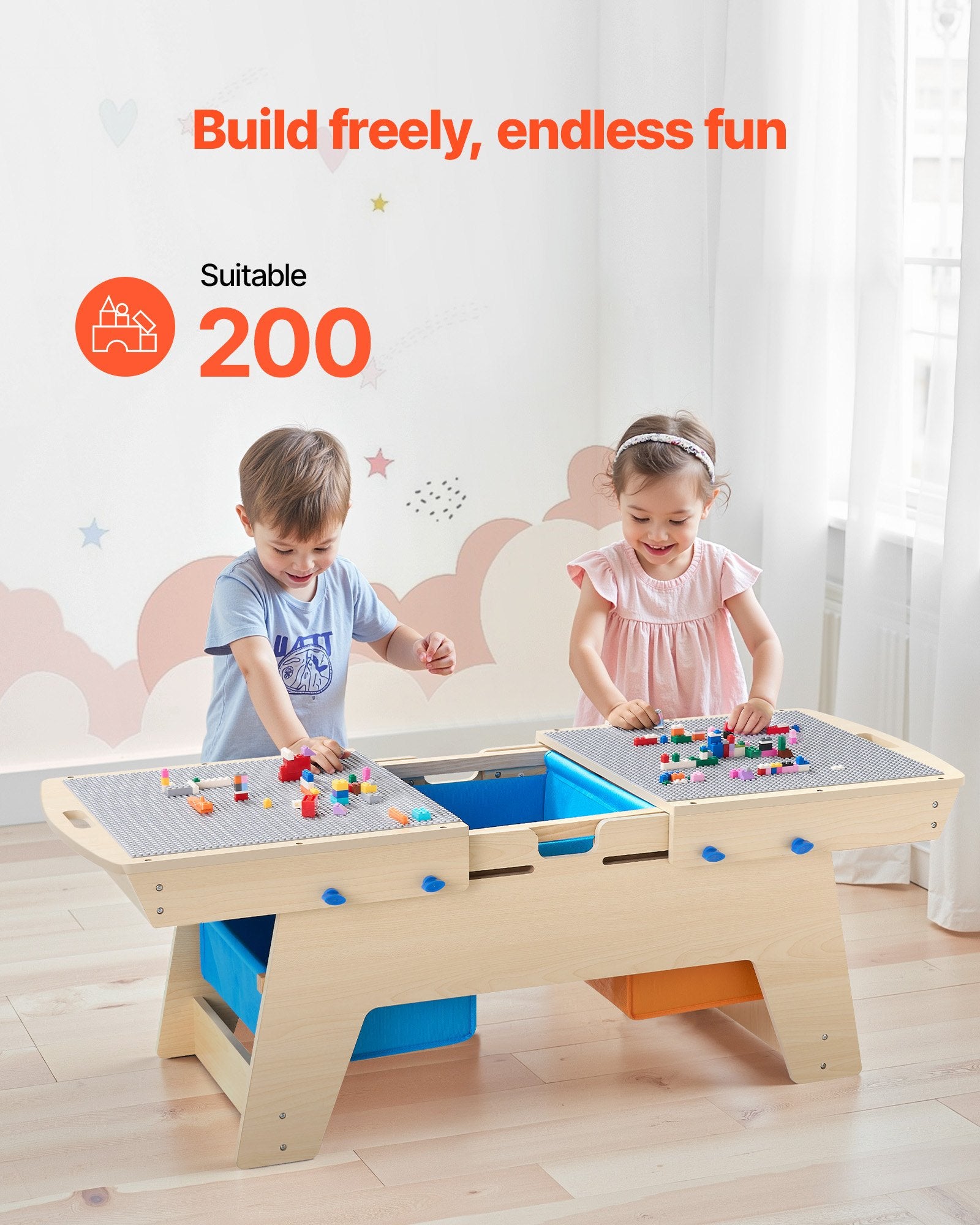 Reversible Wooden Activity Play Table for Kids 3+, Multi-Purpose with 200 Building Bricks, Large Storage, Gift for Boys & Girls, Natural Finish, Perfect for Creative Play and Organization