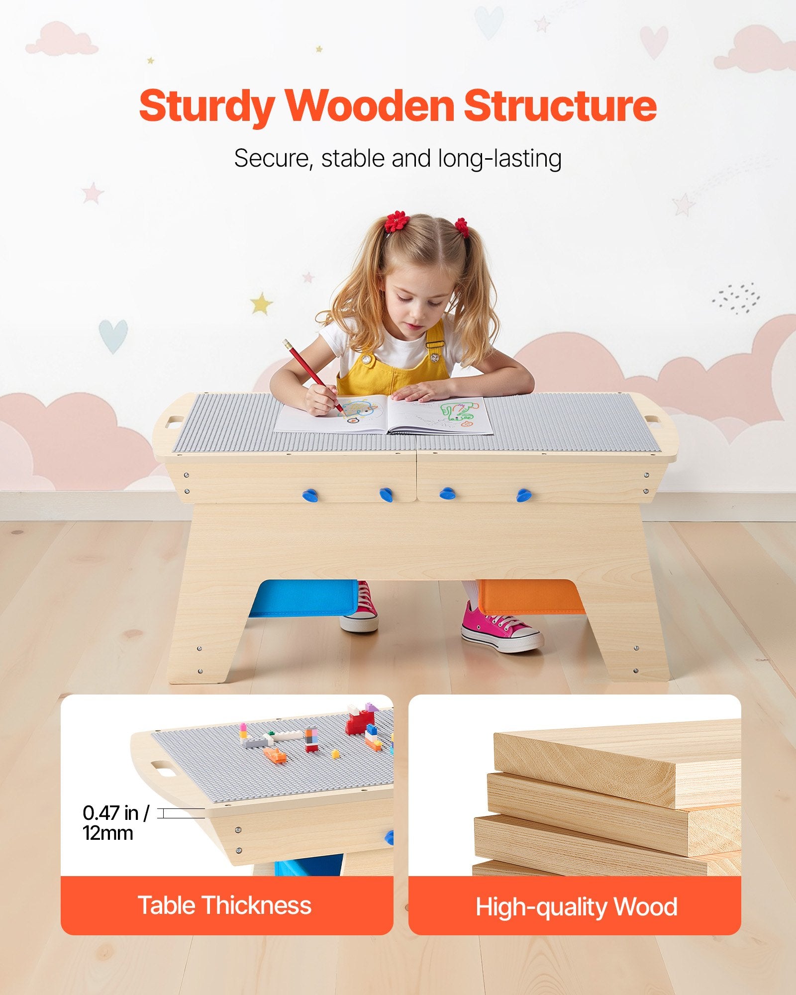 Reversible Wooden Activity Play Table for Kids 3+, Multi-Purpose with 200 Building Bricks, Large Storage, Gift for Boys & Girls, Natural Finish, Perfect for Creative Play and Organization
