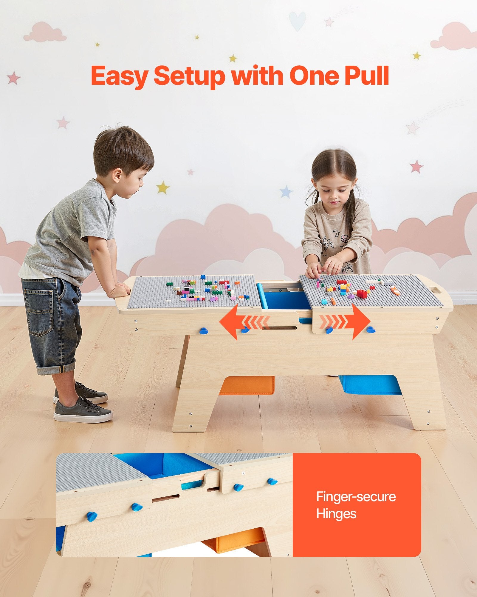 Reversible Wooden Activity Play Table for Kids 3+, Multi-Purpose with 200 Building Bricks, Large Storage, Gift for Boys & Girls, Natural Finish, Perfect for Creative Play and Organization