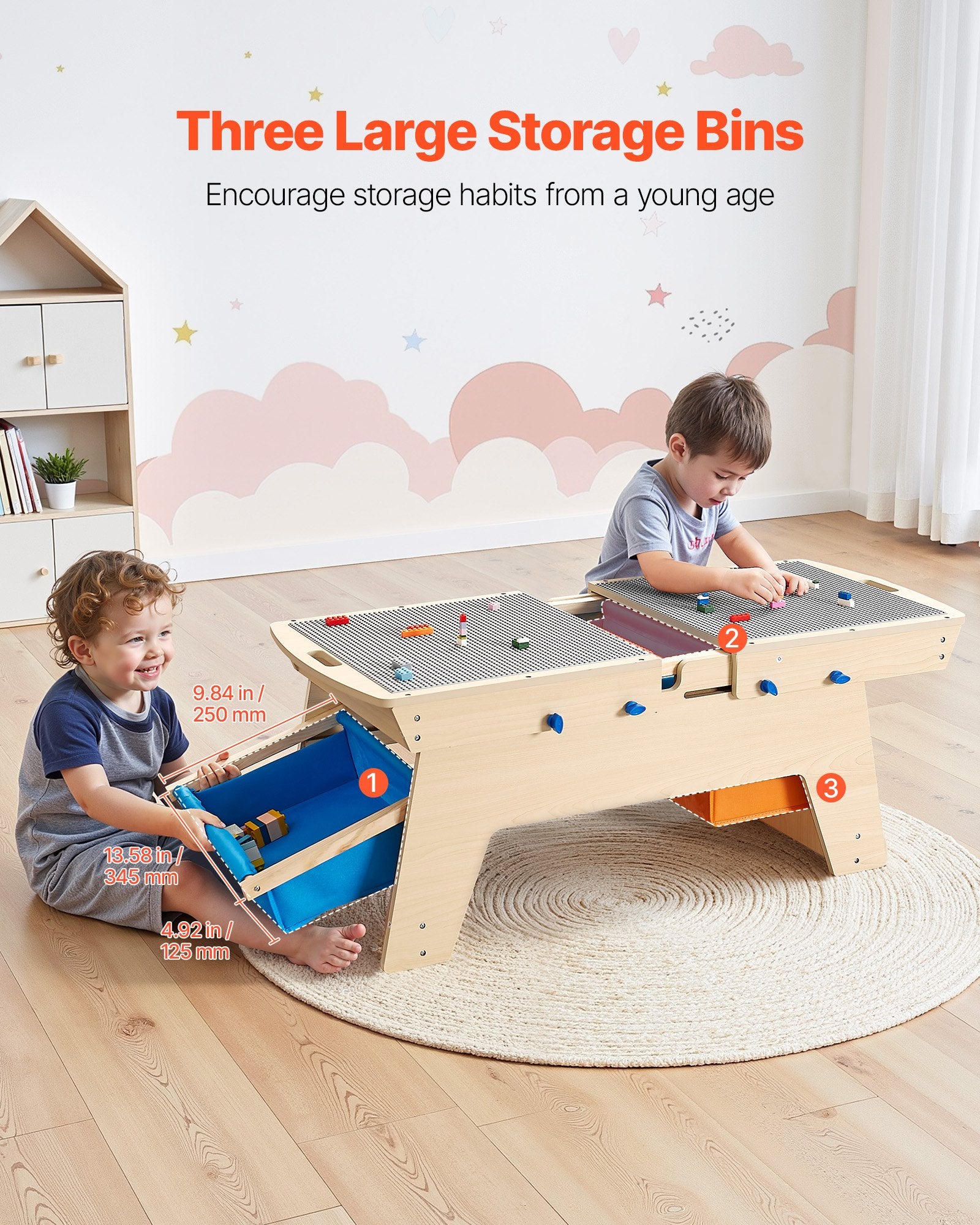 Reversible Wooden Activity Play Table for Kids 3+, Multi-Purpose with 200 Building Bricks, Large Storage, Gift for Boys & Girls, Natural Finish, Perfect for Creative Play and Organization