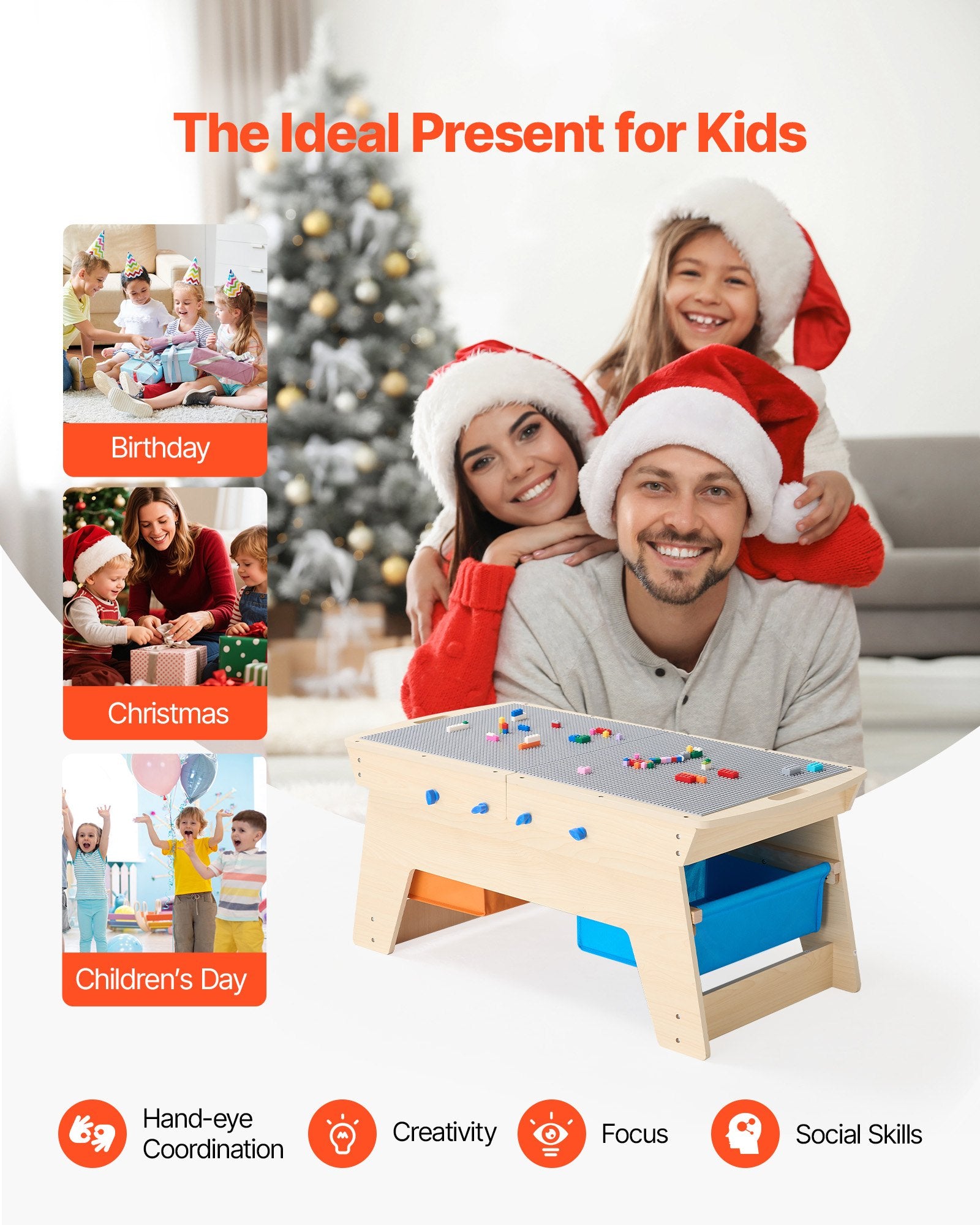 Reversible Wooden Activity Play Table for Kids 3+, Multi-Purpose with 200 Building Bricks, Large Storage, Gift for Boys & Girls, Natural Finish, Perfect for Creative Play and Organization