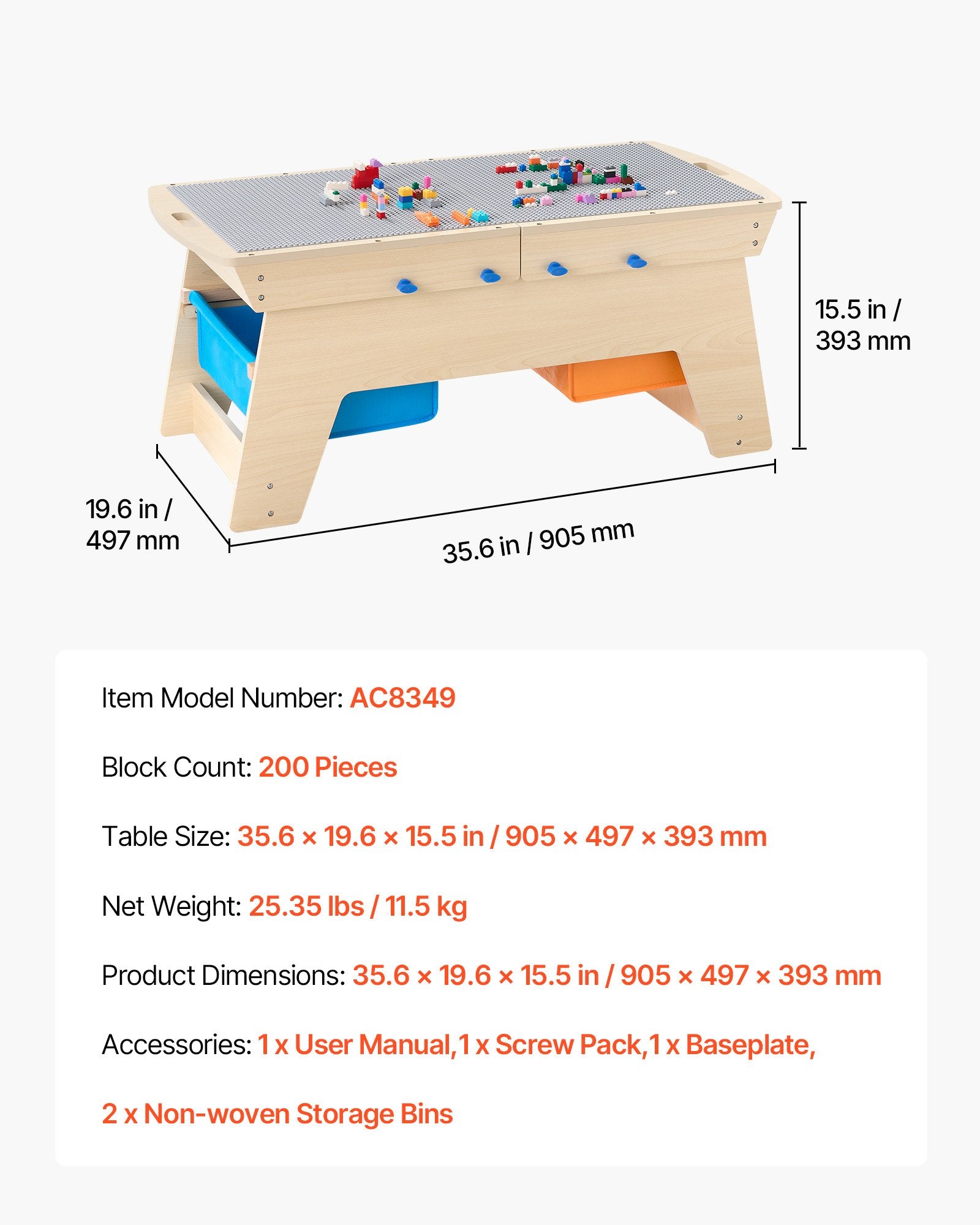 Reversible Wooden Activity Play Table for Kids 3+, Multi-Purpose with 200 Building Bricks, Large Storage, Gift for Boys & Girls, Natural Finish, Perfect for Creative Play and Organization