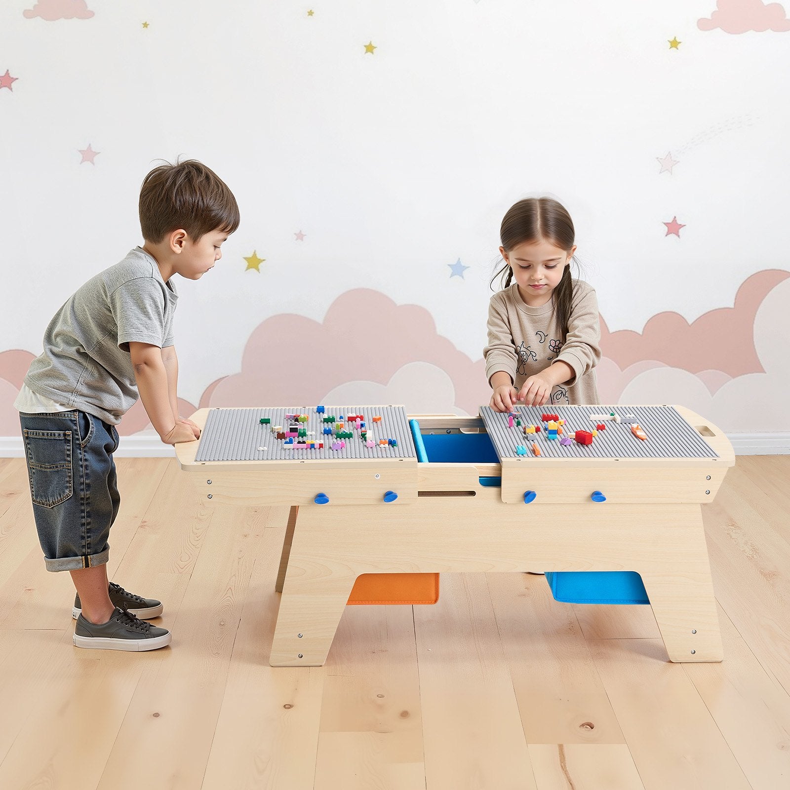 Reversible Wooden Activity Play Table for Kids 3+, Multi-Purpose with 200 Building Bricks, Large Storage, Gift for Boys & Girls, Natural Finish, Perfect for Creative Play and Organization