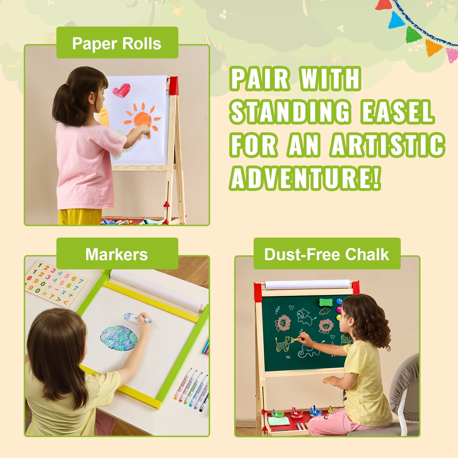 Complete 32-Piece Kids' Art Easel Kit with Chalks, Dry-Erase Markers, Paper Rolls – Ideal Painting Accessories for Toddlers and Children 3-14
