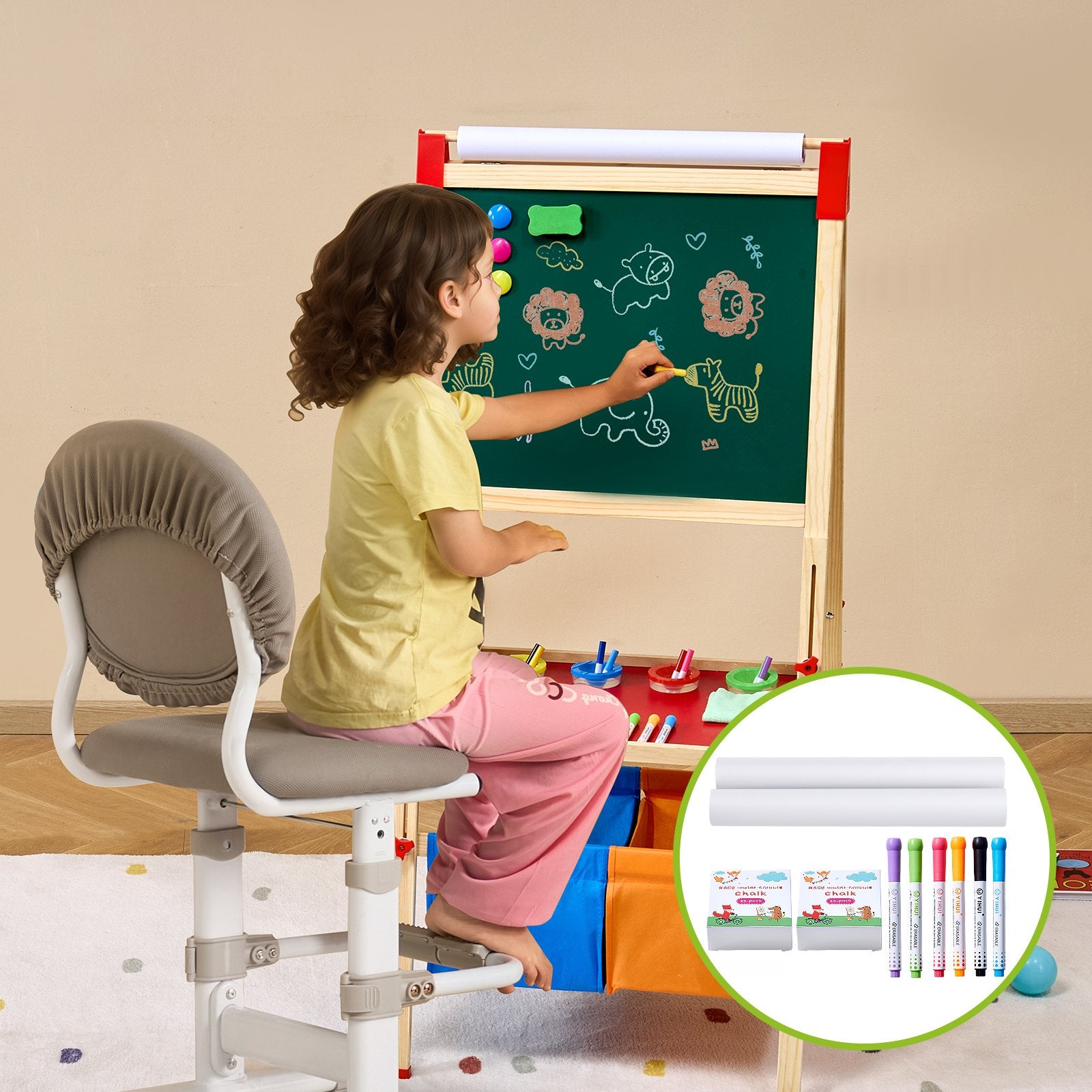 Complete 32-Piece Kids' Art Easel Kit with Chalks, Dry-Erase Markers, Paper Rolls – Ideal Painting Accessories for Toddlers and Children 3-14